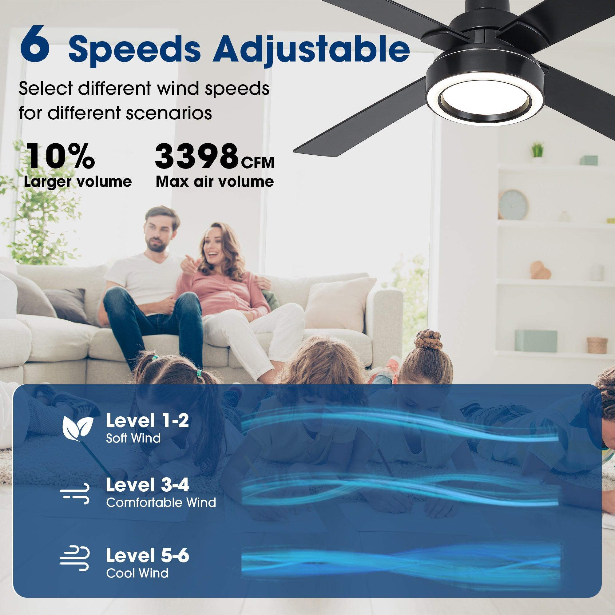 52 Inch Modern Ceiling Fan with LED Light & Remote Control - 4 Blades, DC Motor, Downrod Mount - Perfect for Living Room, Bedroom, and Office Spaces