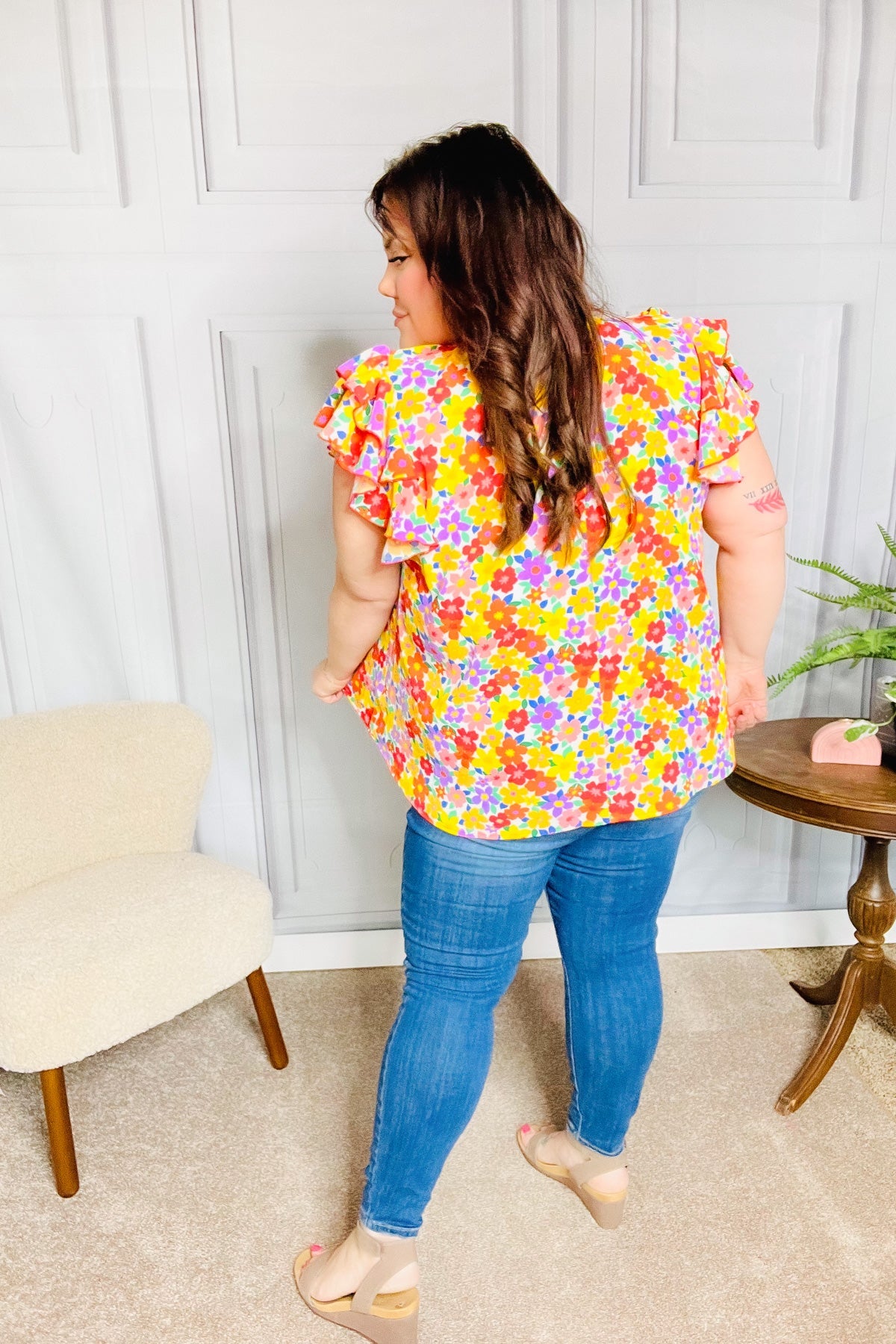 Flower Power Ivory & Red Floral Print Mock Neck Flutter Sleeve Blouse | Women's Boho Chic Tops for Date Night & Summer Outfits