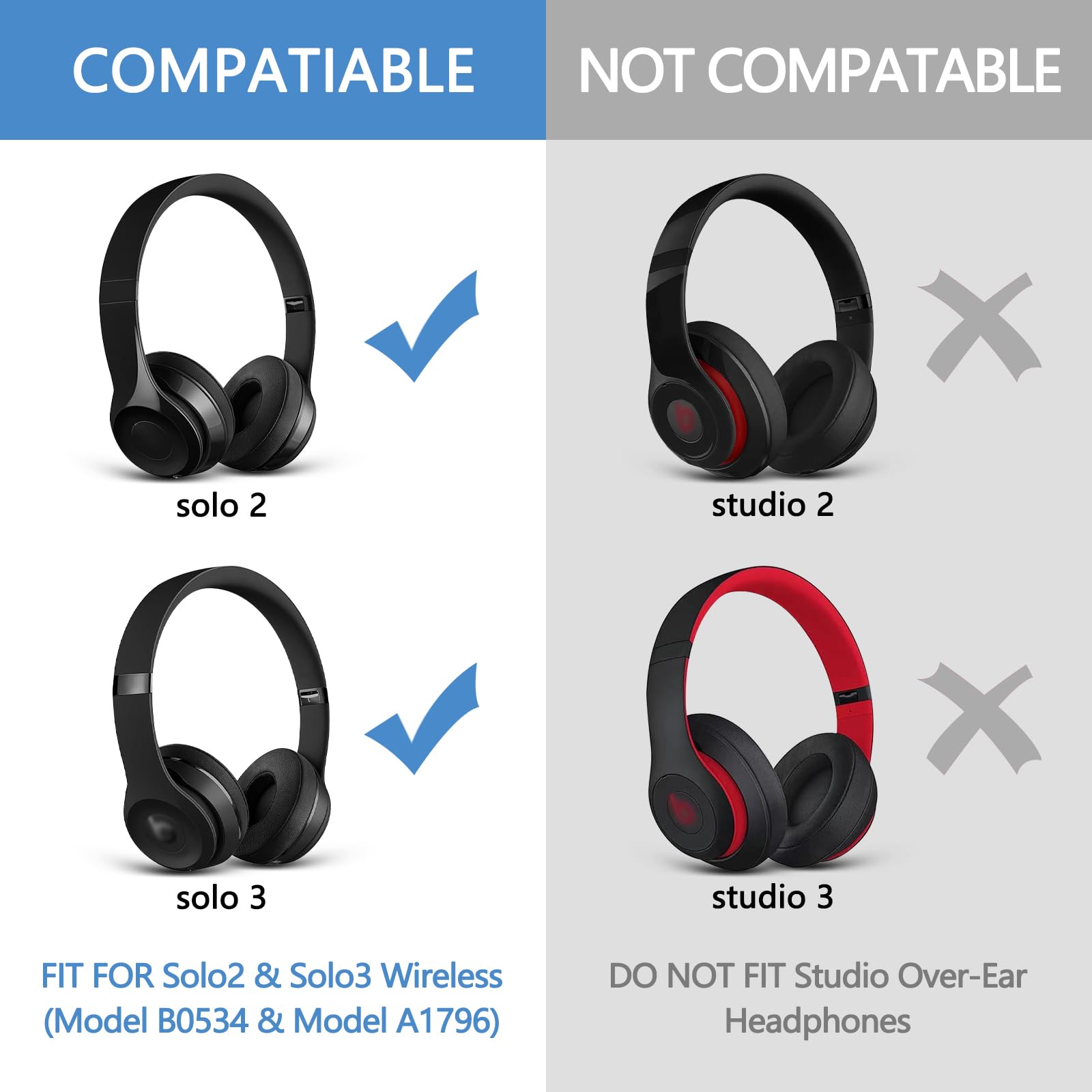 GVOEARS Replacement Ear Pads for Beats Solo 3 Wireless Headphones - Protein Leather Memory Foam Cushions Compatible with Beats Solo3/Solo2 On-Ear Headphones - Perfect for Music, Gaming & Travel Comfort