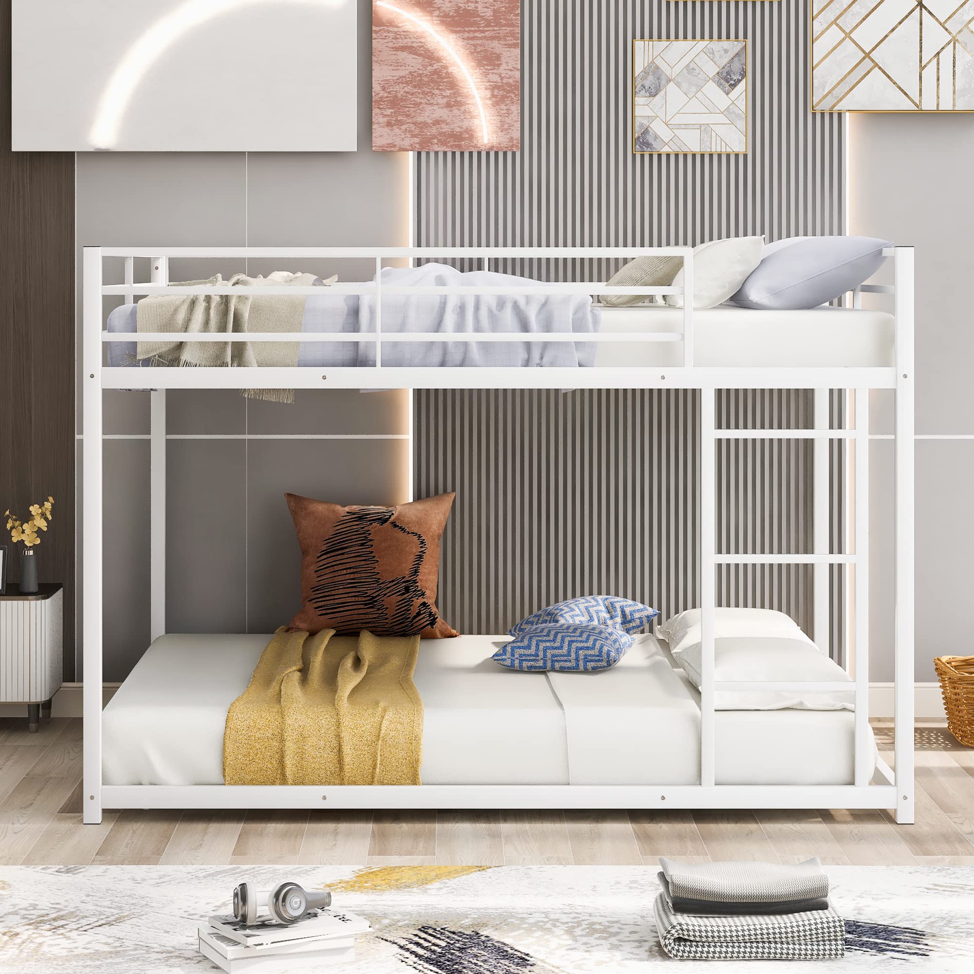 Full Over Full Metal Bunk Bed - Heavy Duty Low Profile Bunk Bed with Safety Guard Rails & Ladder for Kids, Teens & Adults - No Box Spring Required (Full Size, White Finish) - Perfect for Small Bedrooms, Dorms, Guest Rooms & Vacation Homes