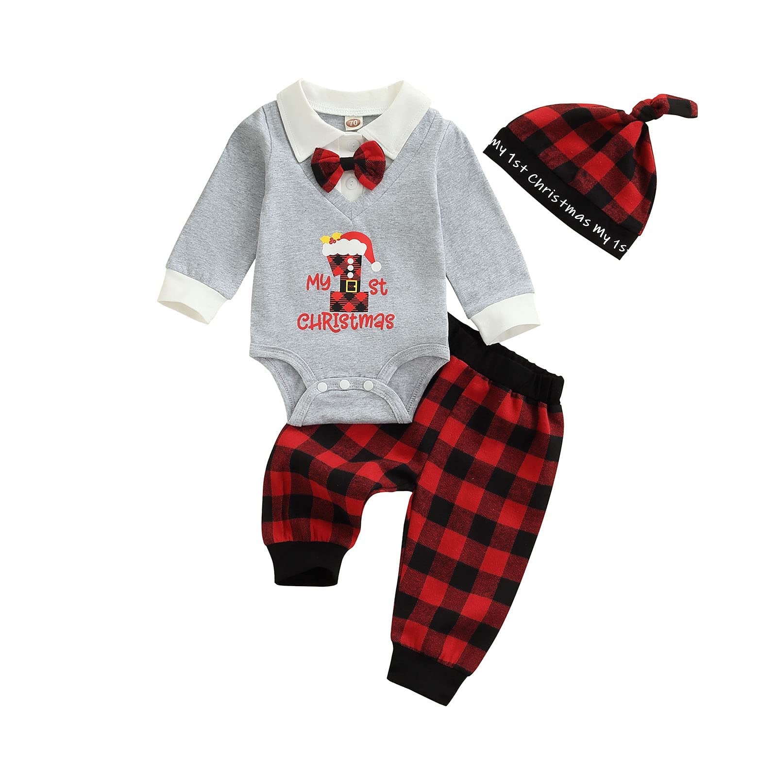 Baby Boy Christmas Outfit Set - My First Christmas Long Sleeve Romper with Bow Tie, Plaid Pants & Hat | 3-Piece Newborn Gentleman Holiday Ensemble | Perfect for Christmas Photos, Parties & Family Gatherings