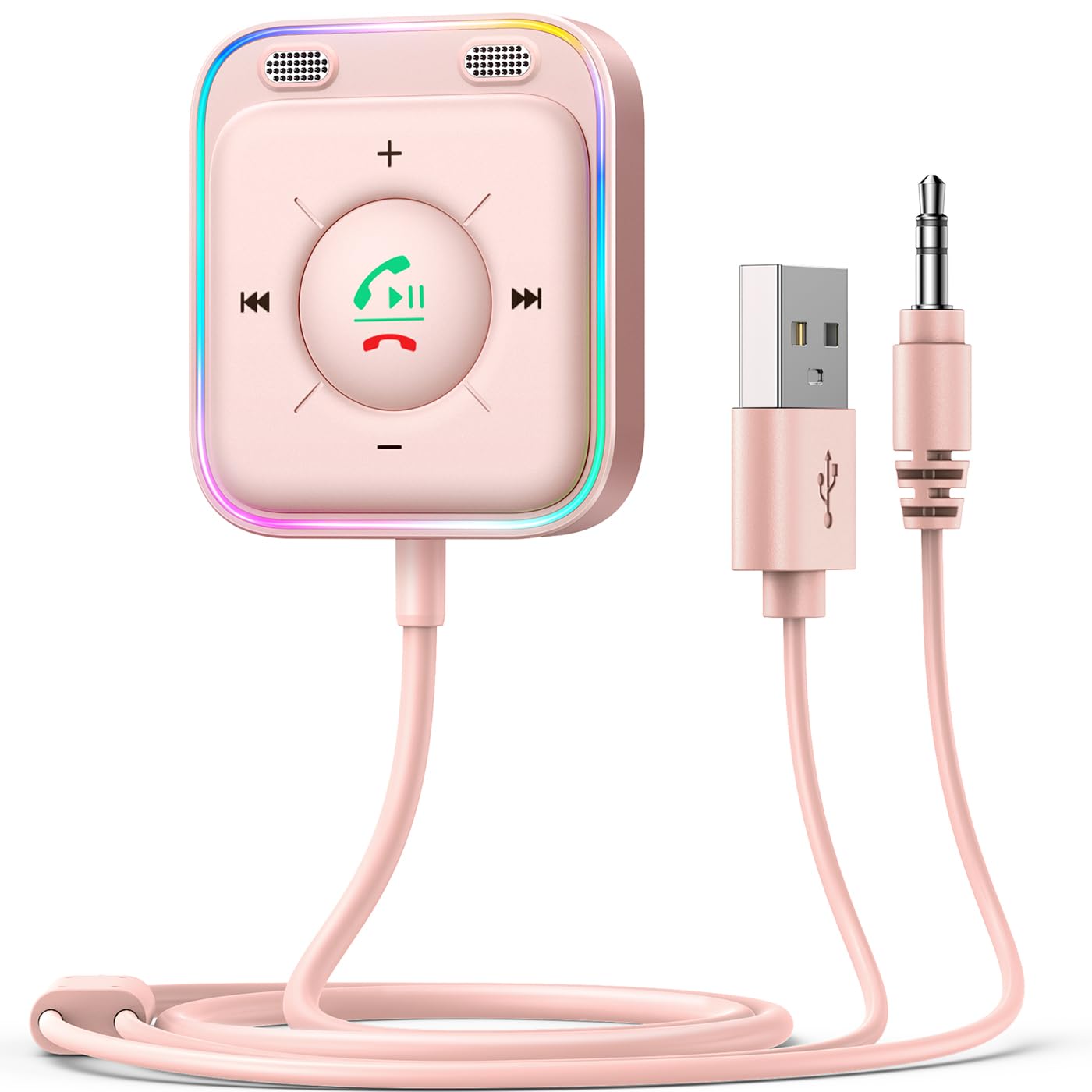 Bluetooth 5.4 Car AUX Adapter with Dual Microphones & Noise Cancellation - Wireless Bluetooth Car Kit for iPhone 16/15 Series (Pro/Pro Max/Plus) - Hands-Free Calling & Music Streaming - Perfect for Commuting & Road Trips (Pink)