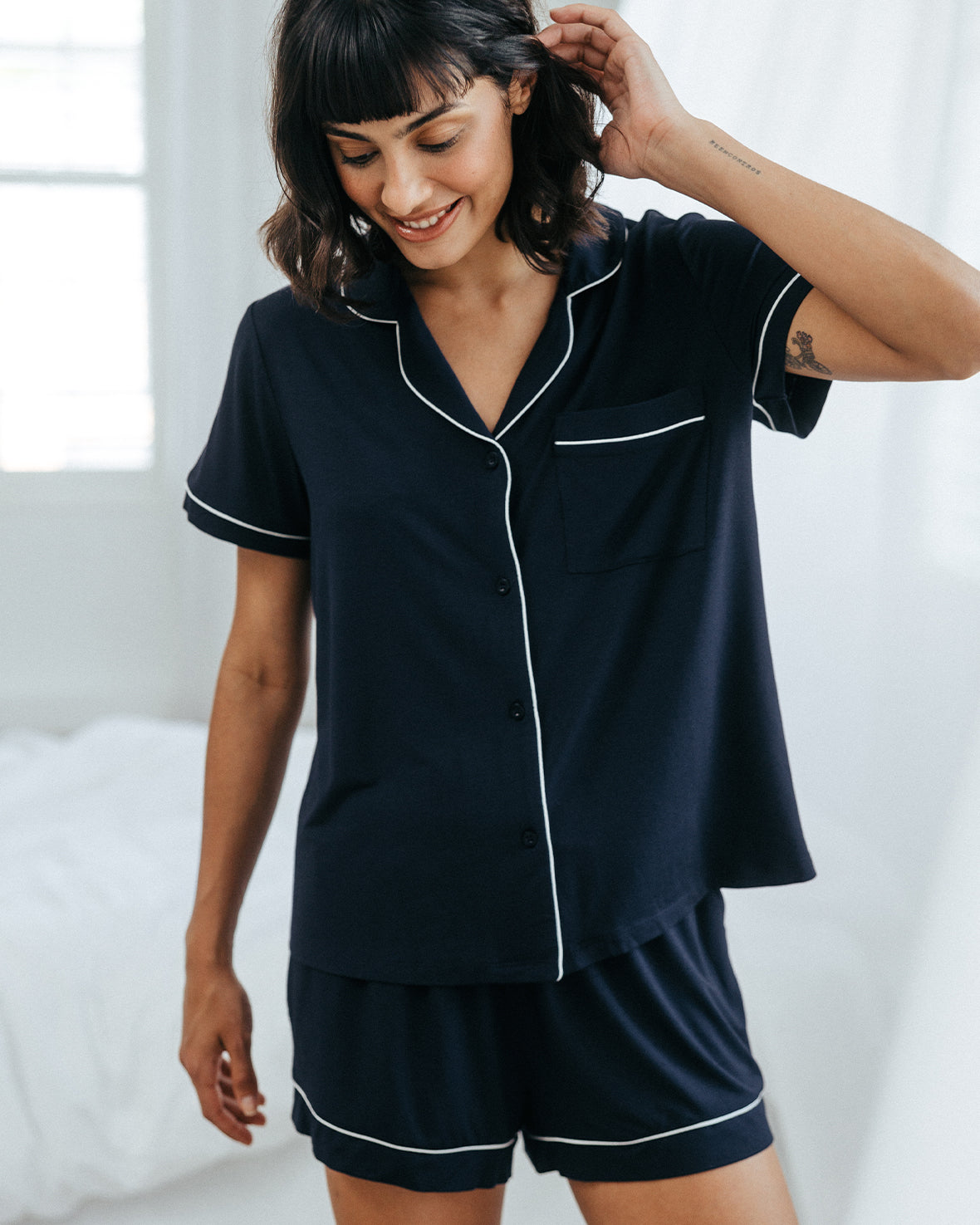 Premium TENCEL™ Modal Short Sleeve Button Up Pajama Set for Women - Soft & Breathable Sleepwear - Navy Blue - Perfect for Summer Nights & Lounge Wear