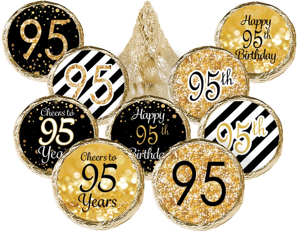 Black and Gold 95th Birthday Party Favors - 180 Chocolate Kisses Candy Stickers for 95th Birthday Decorations - Perfect for Milestone Celebrations, Gift Bags & Dessert Toppings