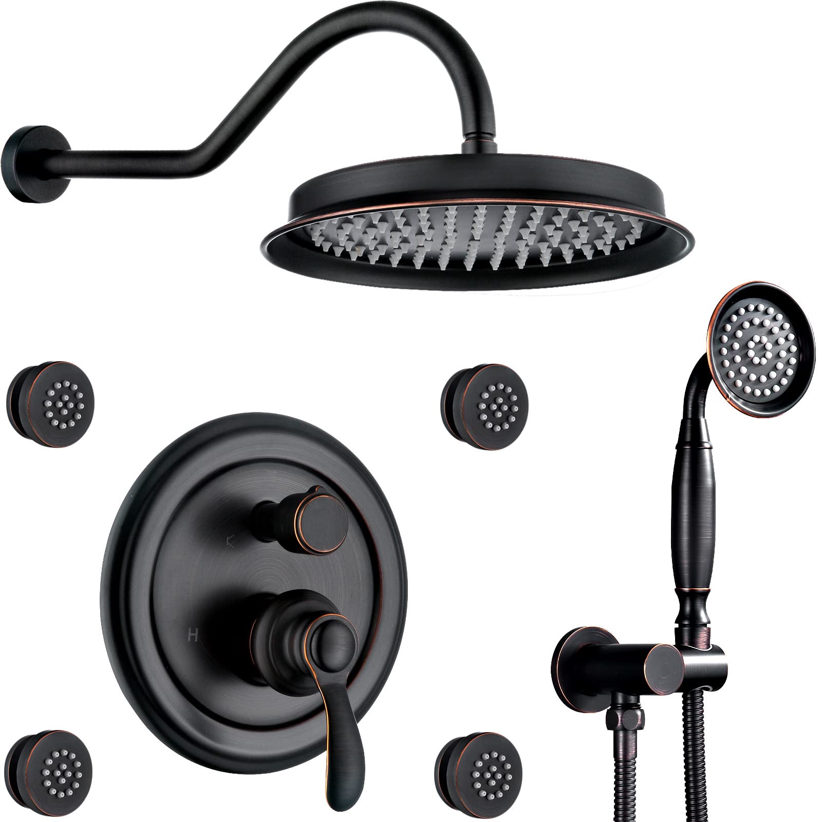 Antique Shower Faucet Set - 9 Inch Wall Mount Rain Shower Head with Handheld Spray & Body Jets, 3-Way Diverter Valve System & Trim Kit in Oil Rubbed Bronze Finish | Perfect for Luxury Bathroom Renovations & Spa-Like Shower Experiences