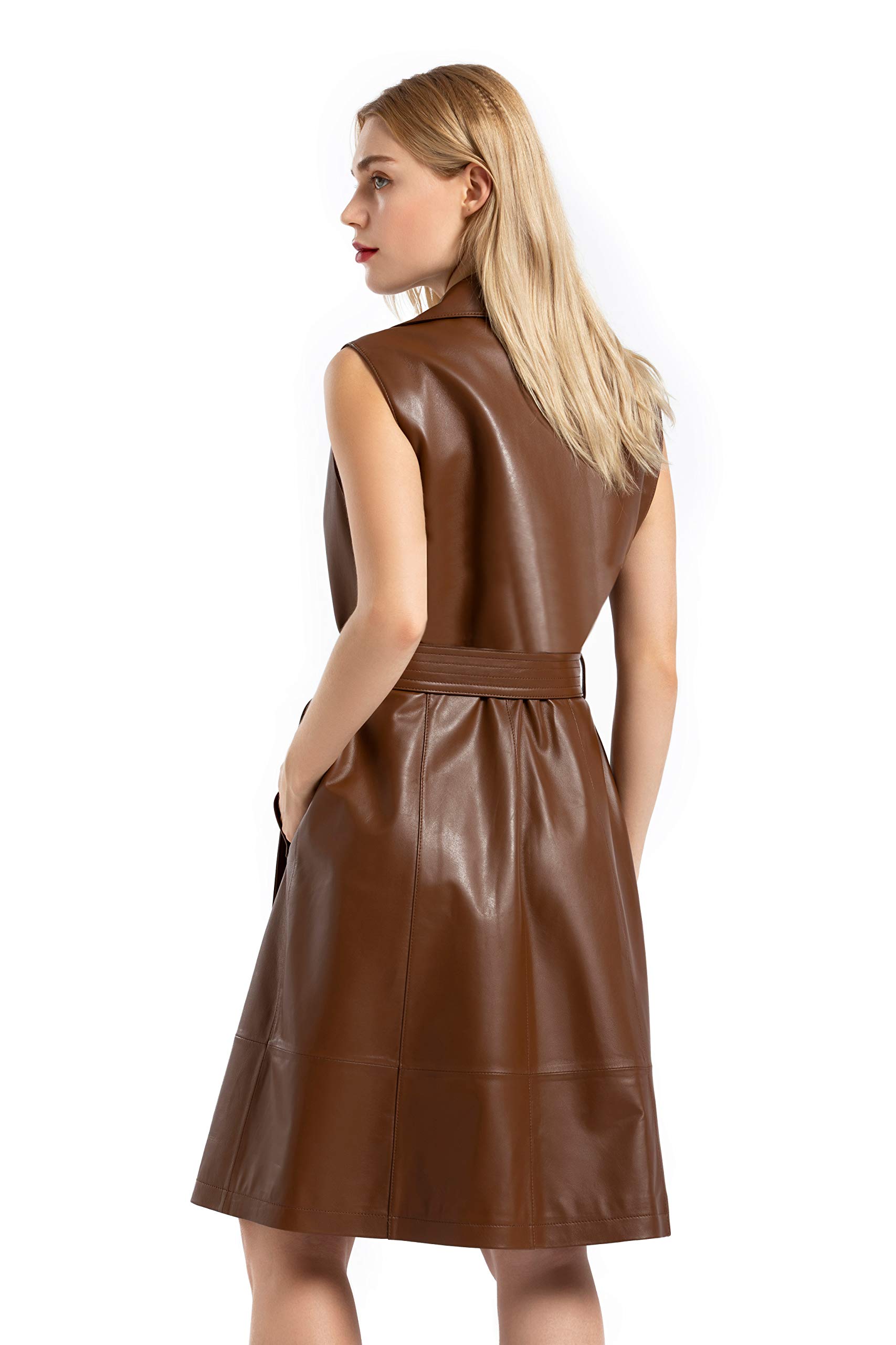 Genuine Leather Cardigan Coat for Women - Belted Sleeveless Trench Coat Jacket Dress Vest | Perfect for Office Wear, Evening Outfits & Fall Fashion