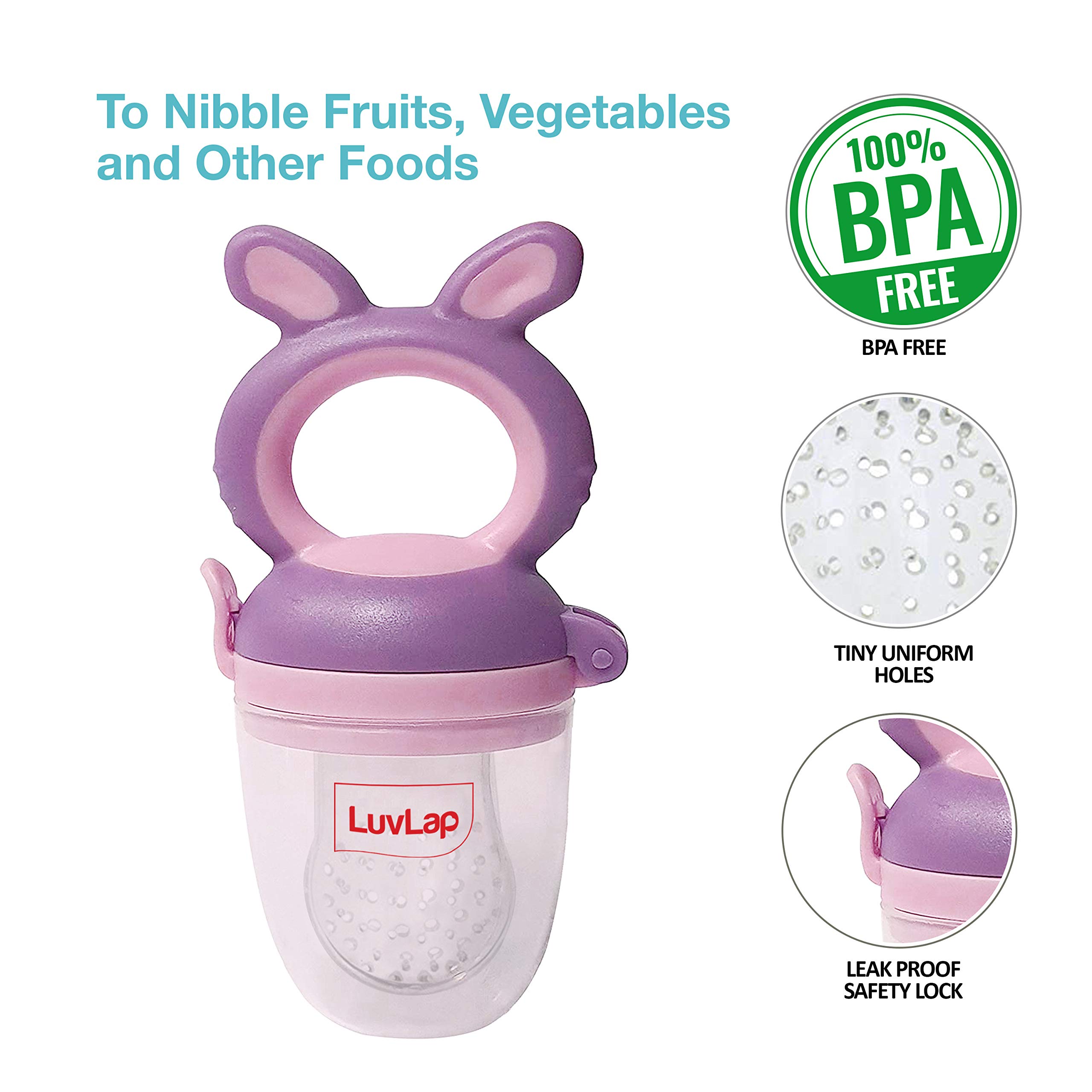 LuvLap Bunny Silicone Baby Food & Fruit Nibbler with Extra Mesh - Soft Pacifier Feeder & Heat Sensitive Feeding Spoons Set (Blue & Yellow) - Perfect for Teething Babies & First Solid Foods - Ideal for Home, Travel & Daycare Use