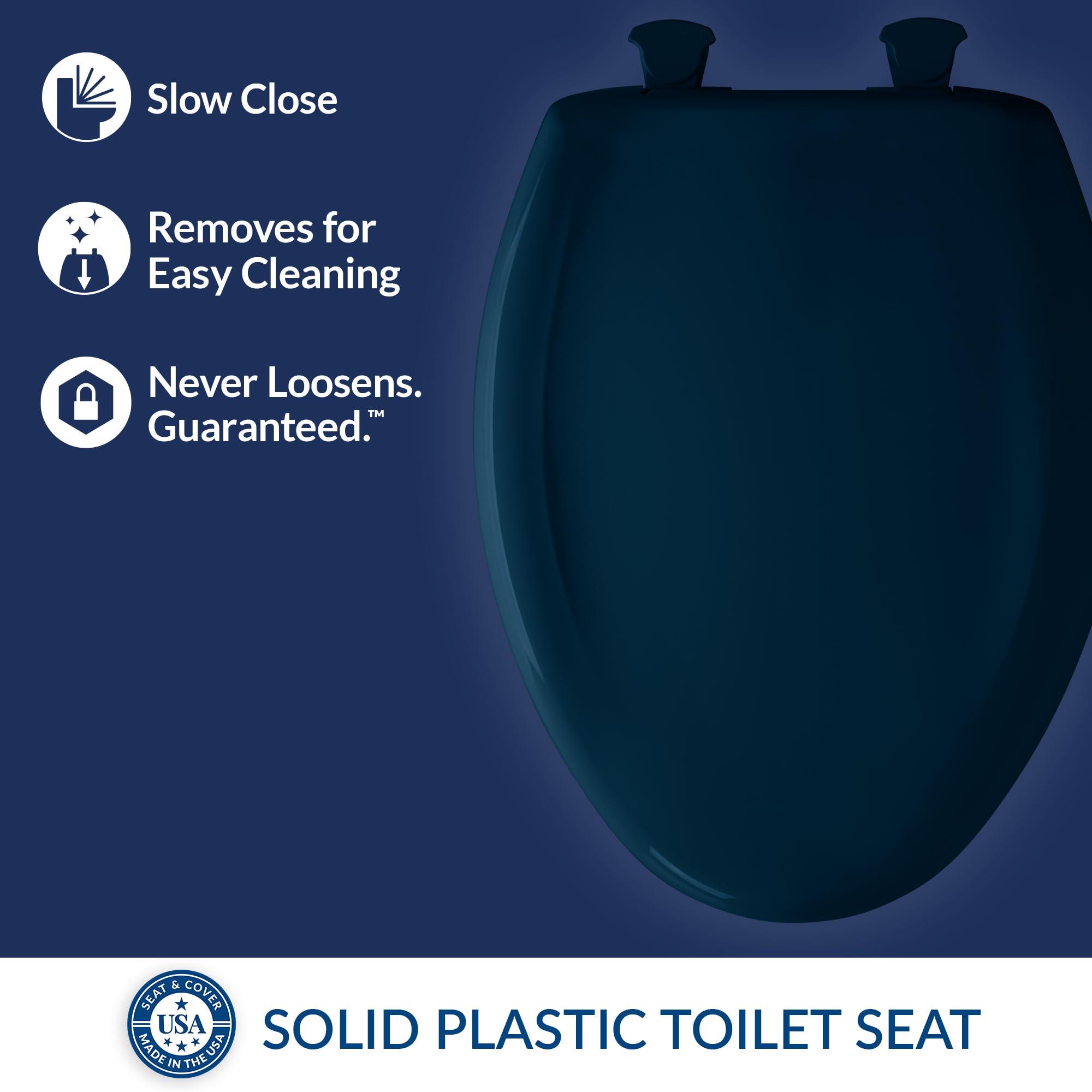 Bemis Classic Colors Slow Close Toilet Seat - Easy Clean Hinges & Durable Plastic - Elongated Navy Blue - Perfect for Bathroom Upgrade & Home Renovation