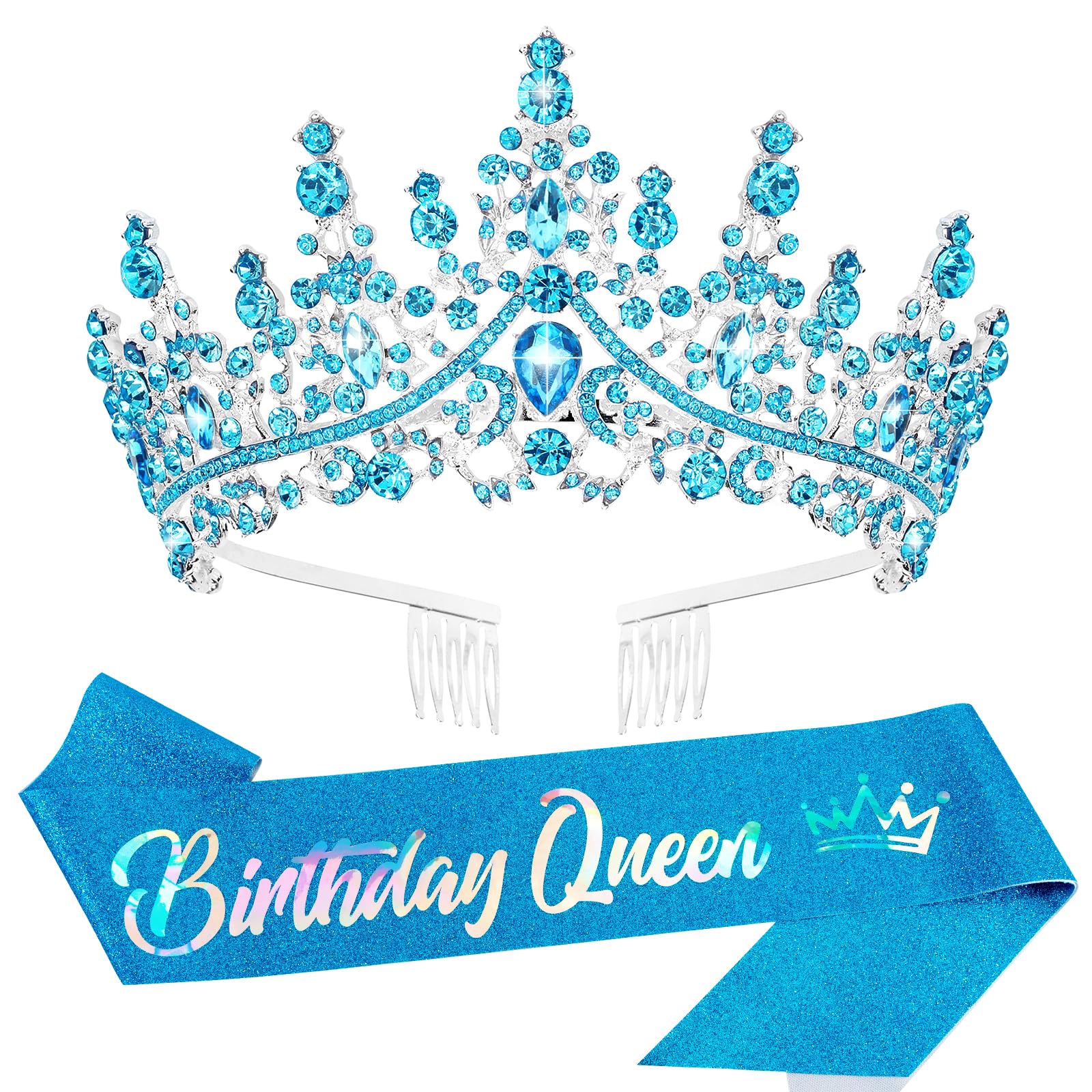 Blue Crystal Birthday Queen Tiara Crown for Women & Girls – Elegant Princess Headband with Combs | Perfect for Birthday Parties, Pageants, Prom, Weddings & Special Occasions | Great Gift for Mom, Daughter & Friends