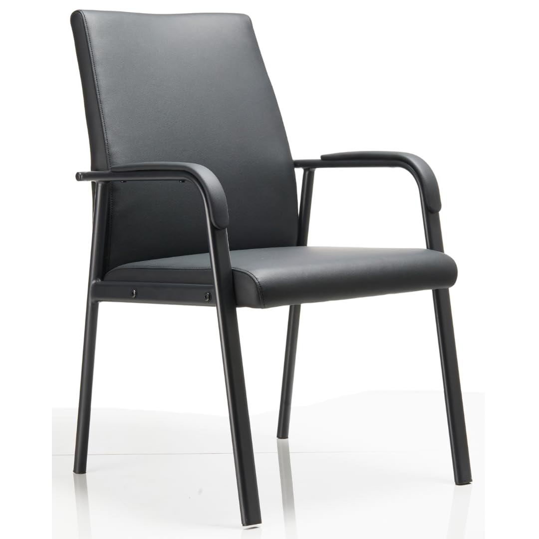 Premium Black Leather Office Guest Reception Chair - 600 lbs Capacity, Padded Armrests, No Wheels - Perfect for Conference Rooms, Waiting Areas & Executive Desks