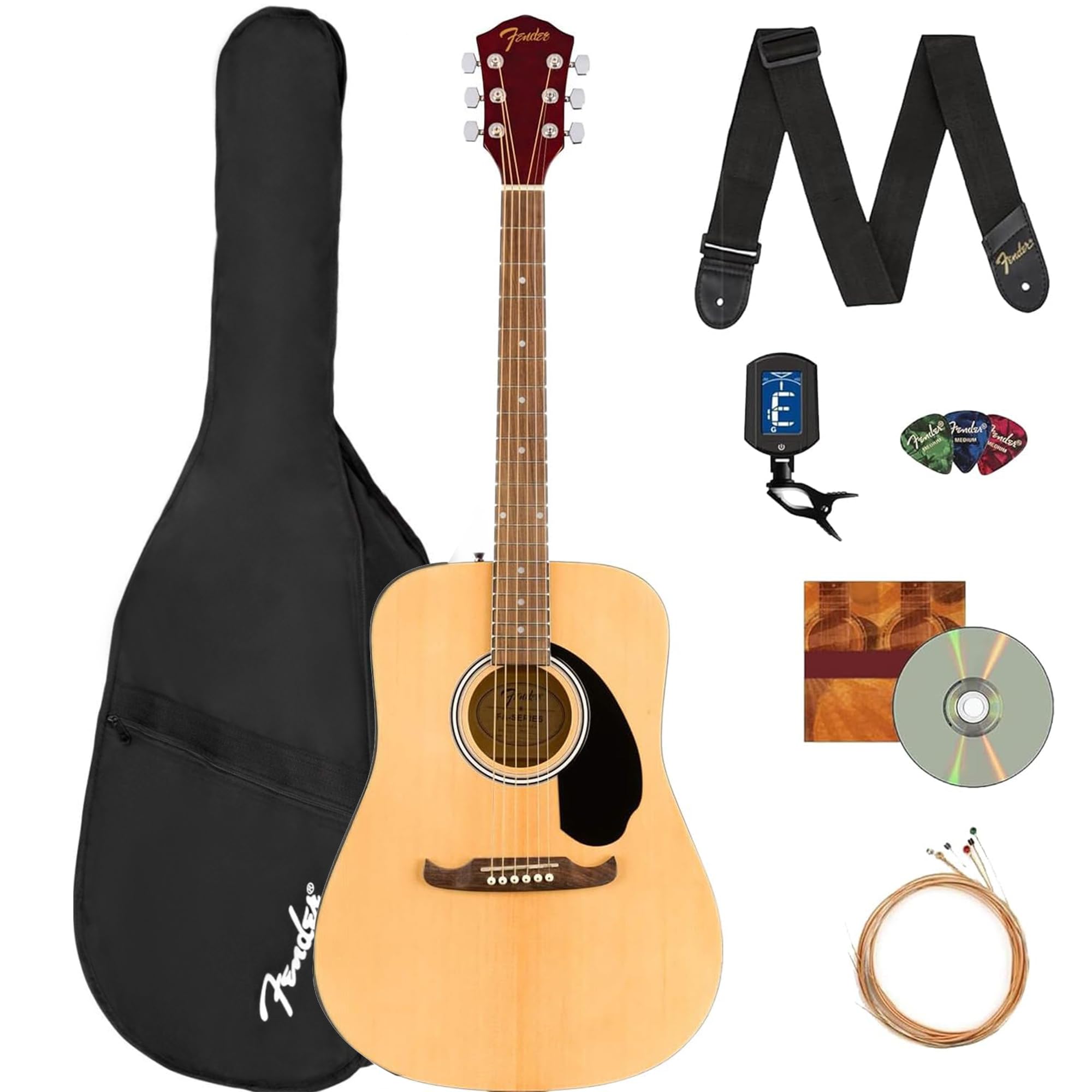 Fender FA-125 Dreadnought Acoustic Guitar Bundle - Natural Finish with Gig Bag, Tuner, Strap, Strings, Picks & Instructional DVD | Perfect for Beginners, Campfire Singalongs & Home Practice