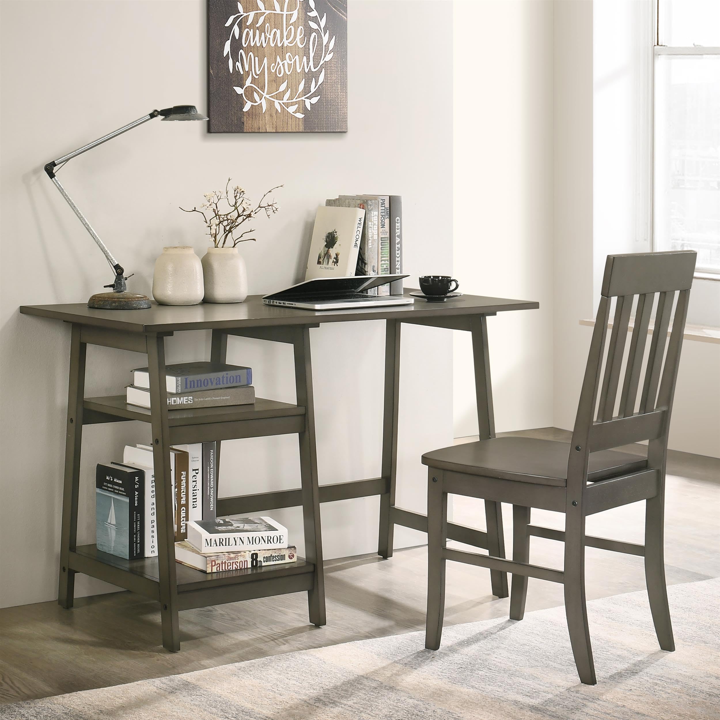 Prenna Wood 2-Piece Writing Desk and Chair Set in Gray - Modern Home Office Furniture for Small Spaces & Study Rooms