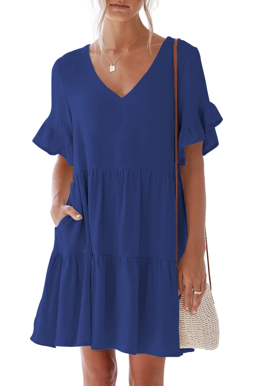 Nclook Women's Summer Casual Dress - Sweet & Cute V-Neck Mini Dress with Pockets, Short Sleeve Ruffled Hem - Perfect for Beach Vacation, Date Night and Outdoor Parties