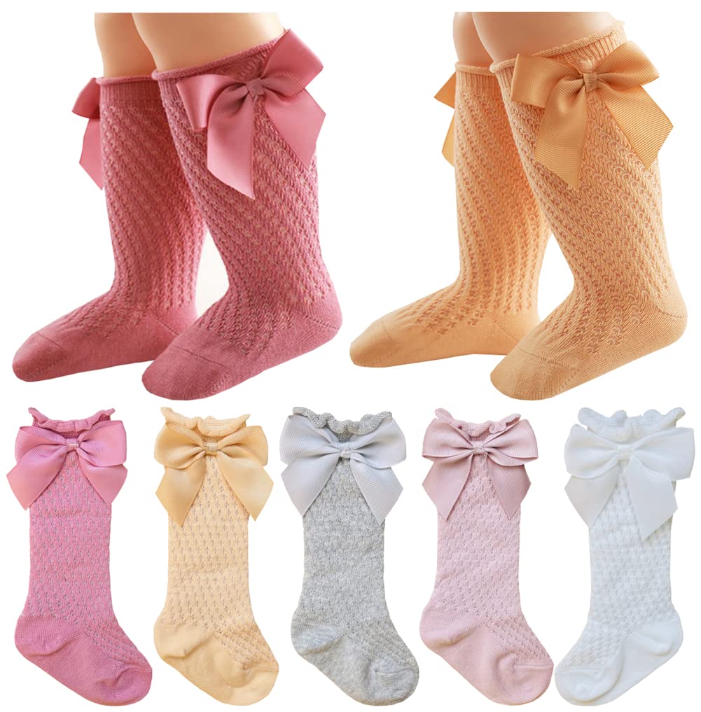 QandSweet Baby Girl Knee-High Socks - Non-Slip Bow Stockings for Toddlers & Newborns - Soft Cotton Infant Socks for Playtime, Walking & Special Occasions