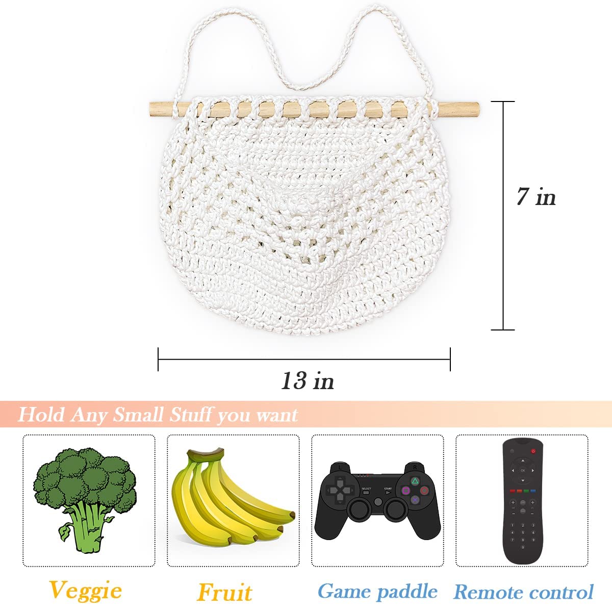 Handmade Boho Cotton Rope Hanging Fruit Basket - Wall Mounted Over Door Storage Organizer for RV, Kitchen, Bathroom - Woven Decorative Basket for Fruits, Keys, Small Items (White)