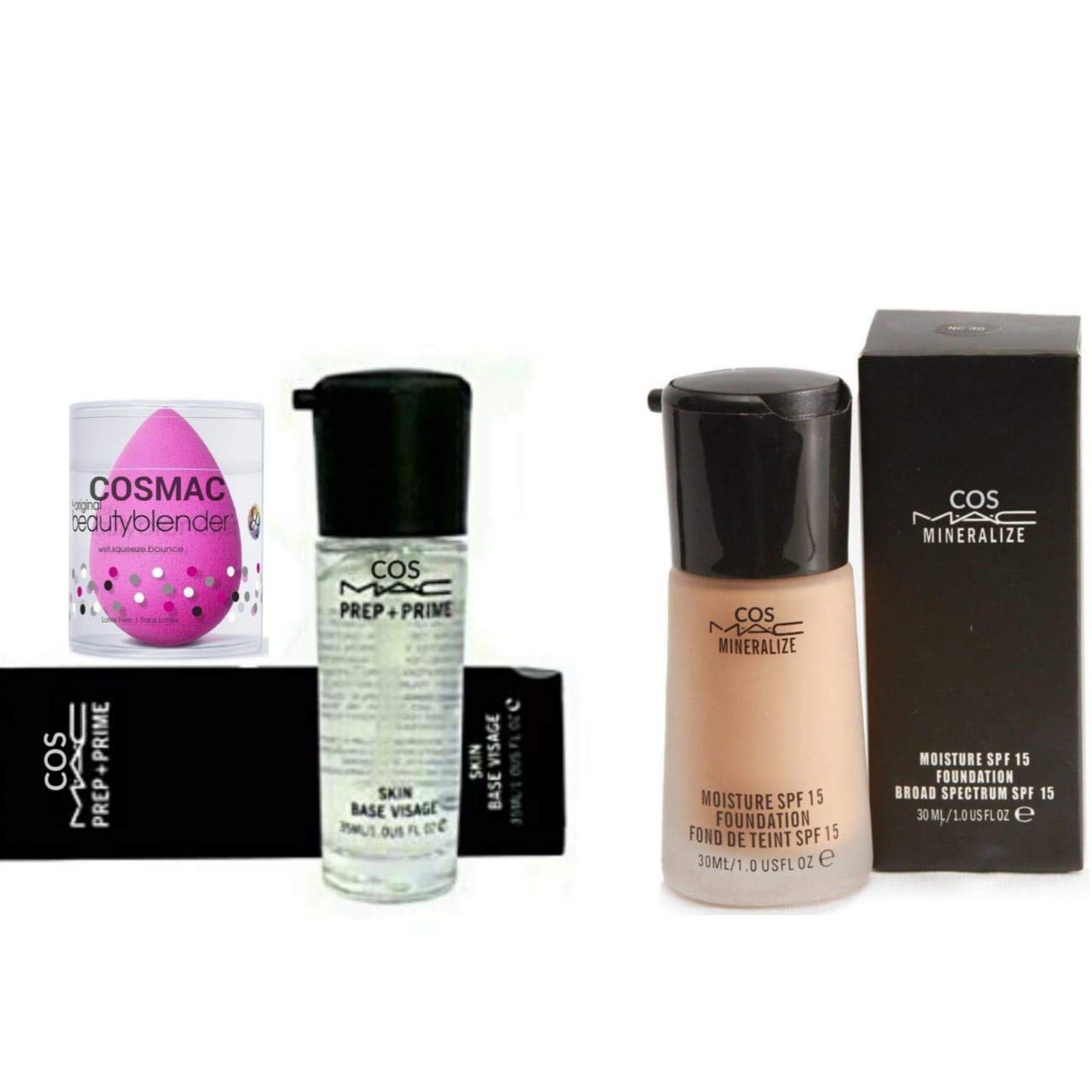 Cosmac Professional Face Primer & Waterproof Foundation Combo Set with Makeup Blender (3-Piece) - Flawless Base for Long-Lasting Makeup, Perfect for Daily Wear & Special Occasions