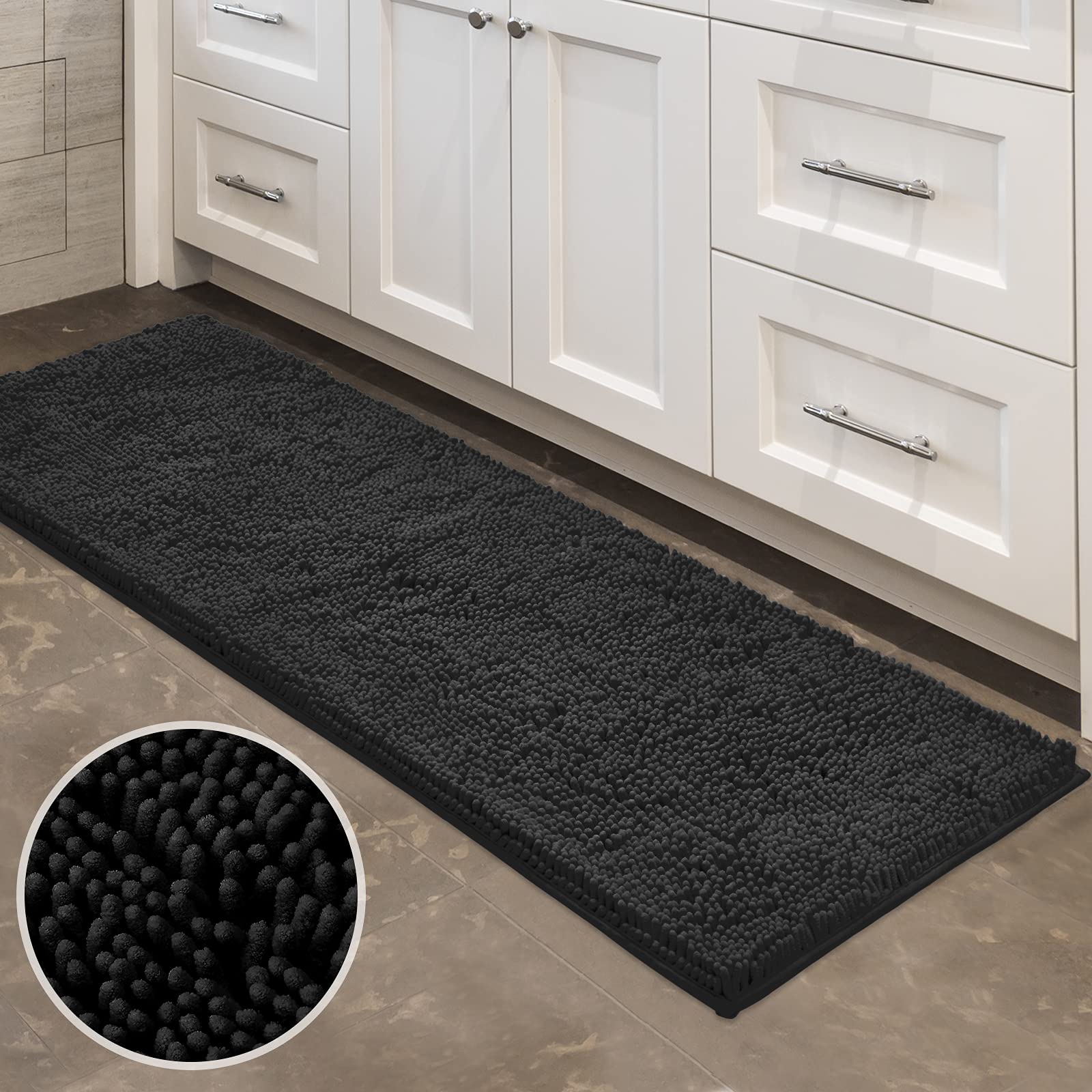 Ultra Soft & Absorbent Non-Slip Bathroom Rug Runner - 17x47 Inch Chenille Shaggy Plush Bath Mat, Machine Washable, Black - Perfect for Bathroom, Shower & Tub Floor, Adds Comfort & Style to Your Bathroom Decor