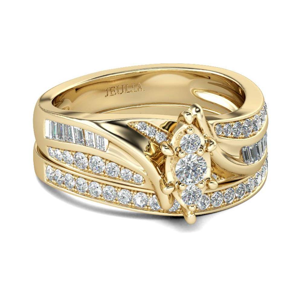 Jeulia Sterling Silver Cluster Round Cut Ring Set - Gold Tone Wedding Band for Engagement, Anniversary & Eternity Promise - Jewelry Box Included - Perfect for Proposals, Vows & Romantic Gifts