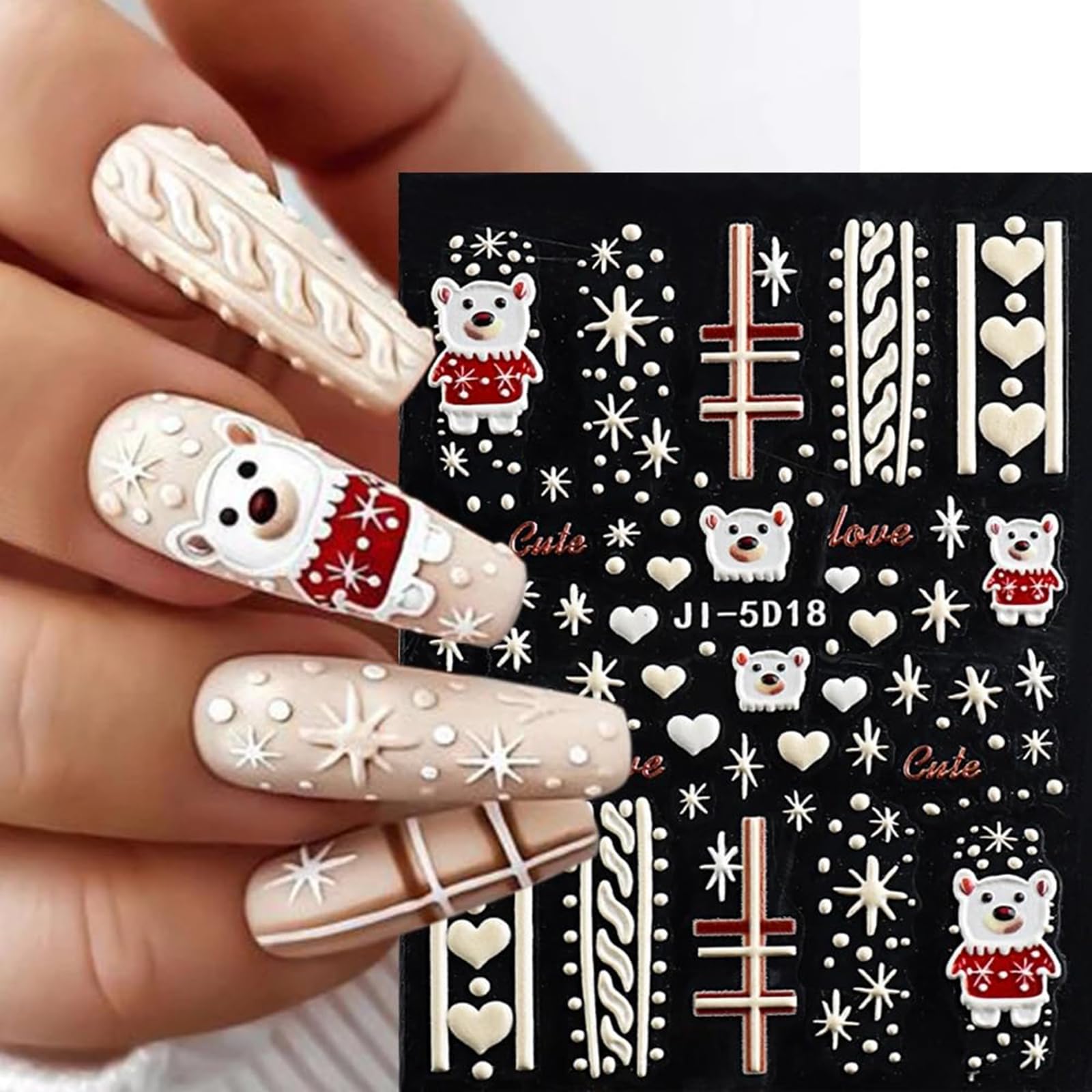 6 Sheets Christmas Nail Stickers - 5D Embossed Snowflake, Bear, Elk, Snowman & Bell Designs | Winter Holiday Nail Art Decals for Women | Perfect for Christmas Parties, Gift Giving & Festive Nail Decorations