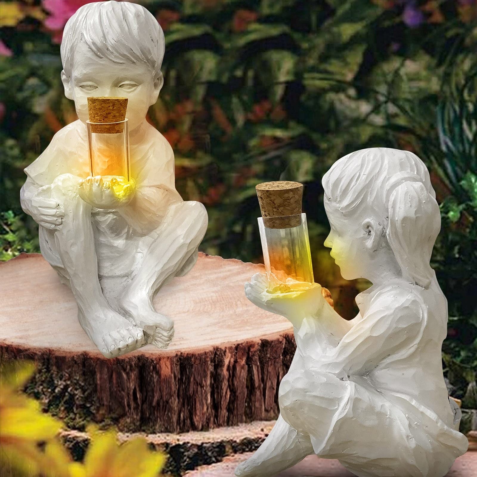 LILOVE Solar-Powered Firefly Garden Statue - 2 Pack Outdoor Decor, Cute Kid Sculpture for Lawn, Patio & Yard - Perfect for Garden, Home & Landscape Decoration at Night