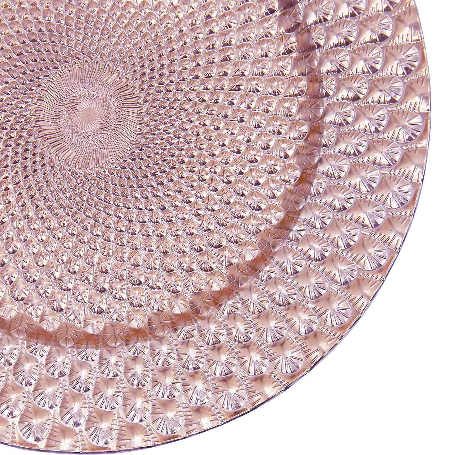 WELMATCH 12-Pack Rose Gold Plastic Peacock Charger Plates - 13 Inch Round Decorative Dinner Plates for Wedding, Party, and Special Events - Elegant Table Setting for Anniversary, Bridal Shower, and Holiday Celebrations