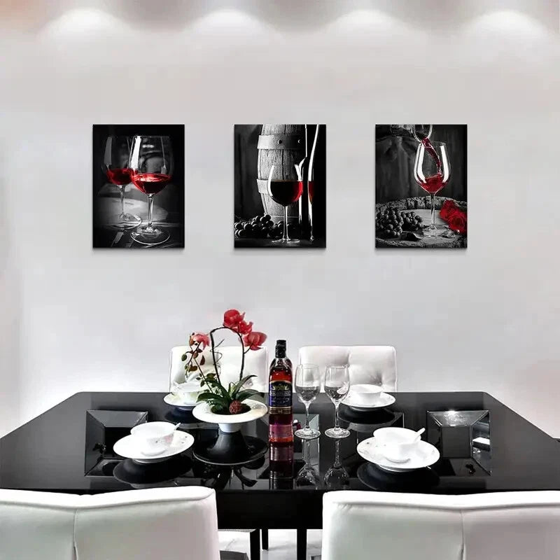 3-Piece Romantic Red Wine Goblets Metal Wall Art - Ready to Hang Home Decor for Dining Room, Kitchen & Bar - Perfect for Wine Lovers & Housewarming Gifts