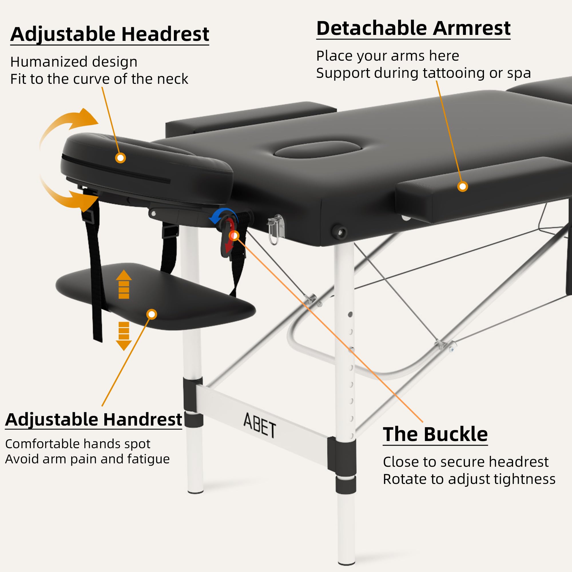 **ABET 3-Fold Portable Massage Table - Adjustable Height Spa Facial Bed with Face Cradle, Detachable Armrest & Carrying Bag - Aluminum Frame for Tattoo, Lash & Beauty Treatments - Perfect for Salons, Spas & Home Use**