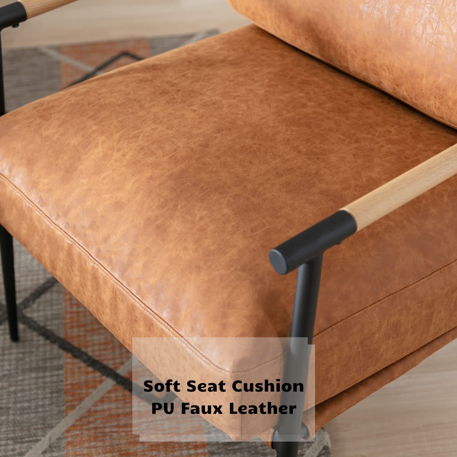 HEAH-YO Modern Accent Chair - PU Faux Leather Living Room Armchair with Sturdy Metal Legs & Backrest - Comfortable Reading Chair for Bedroom, Office or Lounge - Brown Home Decor Furniture for Small Spaces