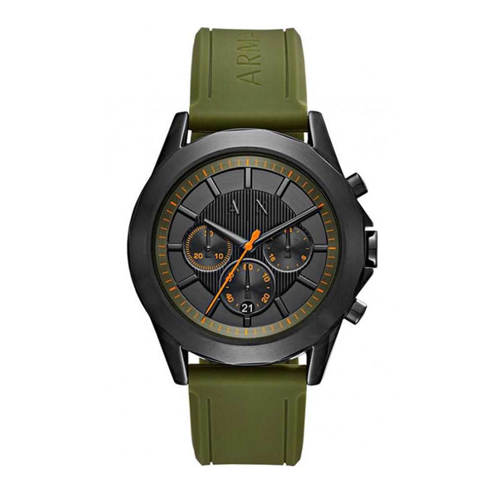 ARMANI EXCHANGE AX2608 Men's Chronograph Watch - Black Stainless Steel Case with Green Silicone Strap - Water Resistant Dress & Casual Watch for Business, Party & Everyday Wear
