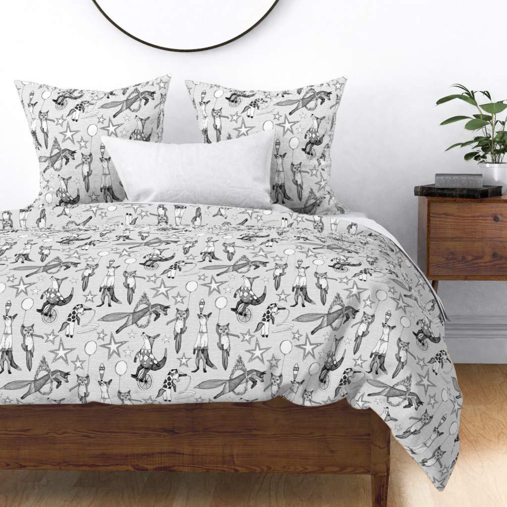 Custom Circus Black White Fox Nursery Duvet Cover - King/California King Size Cotton Sateen Bedding | Retro Woodland Doodle Sketch Carnival Print | Perfect for Baby Nursery, Kids Room & Bohemian Bedroom Decor