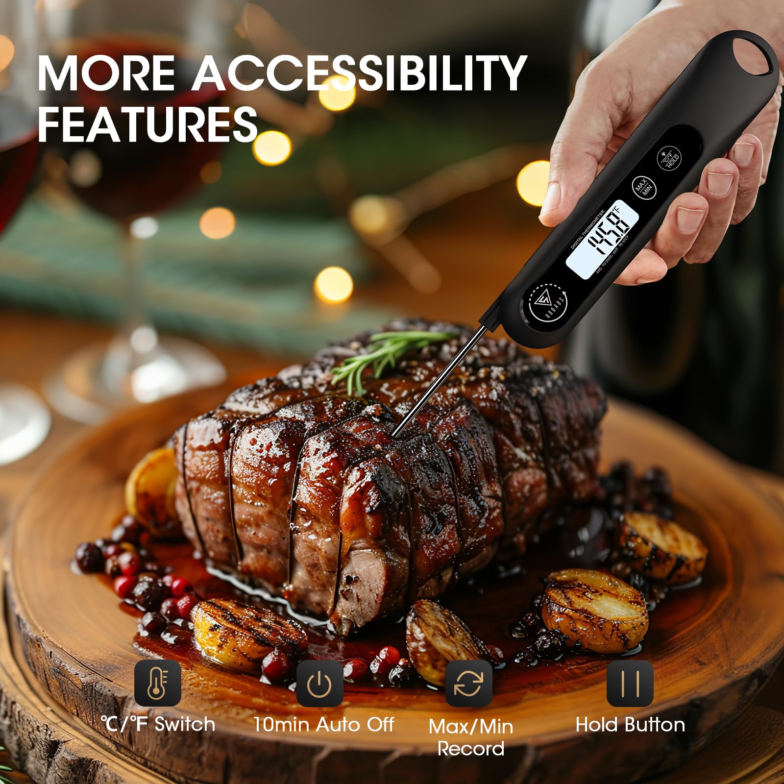 DOQAUS Digital Meat Thermometer - Instant Read Food Thermometer for Cooking, Grilling, Baking | Waterproof Kitchen Thermometer with Backlit LCD | Perfect for Turkey, BBQ, Bread, Sourdough | Indoor & Outdoor Cooking Essential