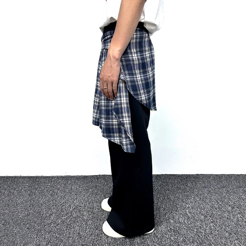 Trendy American Style Men's Sweatpants - High Street Fake Two-Piece Spliced Plaid Peplum Design Solid Color Casual Pants 9W1857 | Perfect for Gym, Lounge & Streetwear Fashion