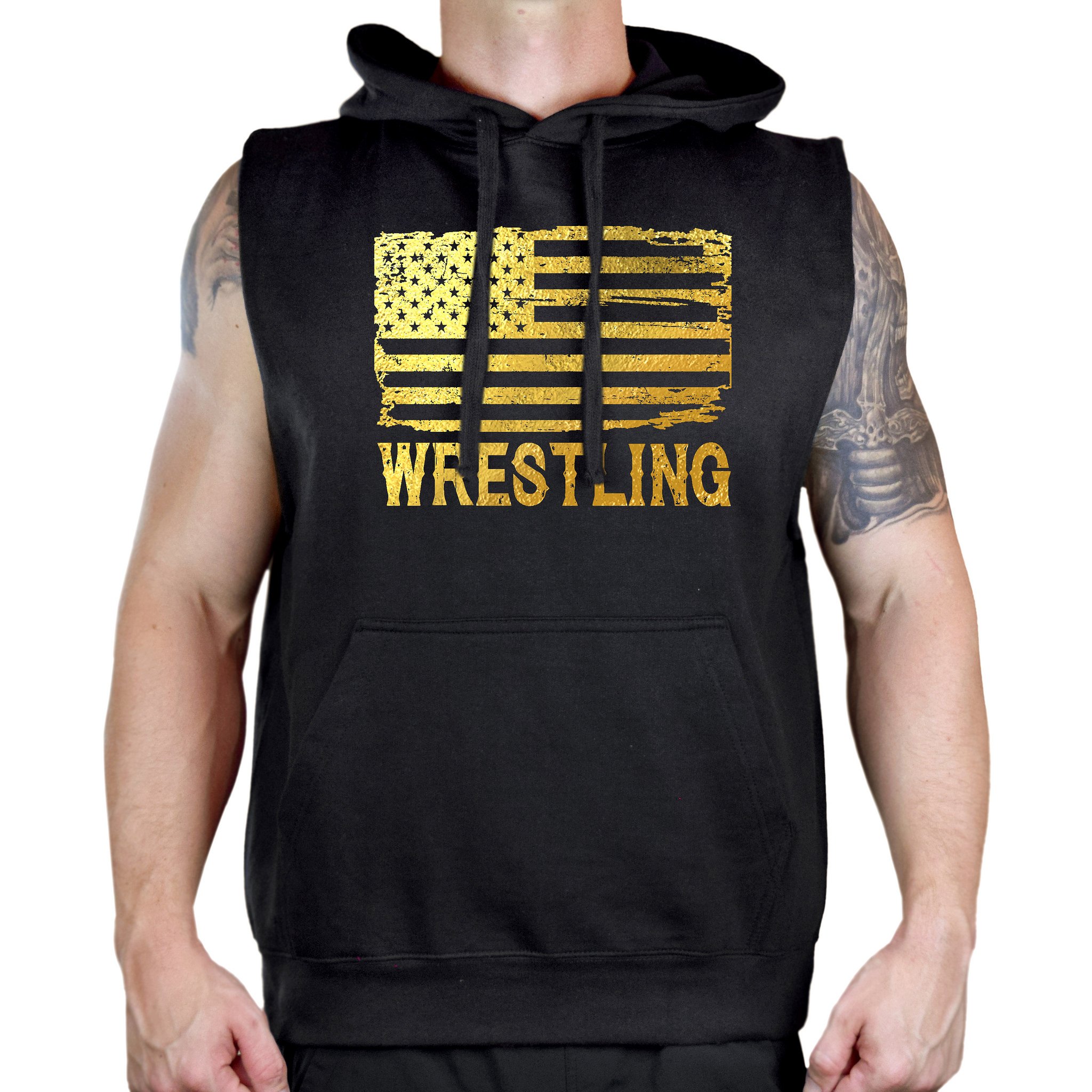 Interstate Apparel Men's Gold Foil Wrestling American Flag Sleeveless Vest Hoodie - Patriotic Workout & Gym Wear for Athletes