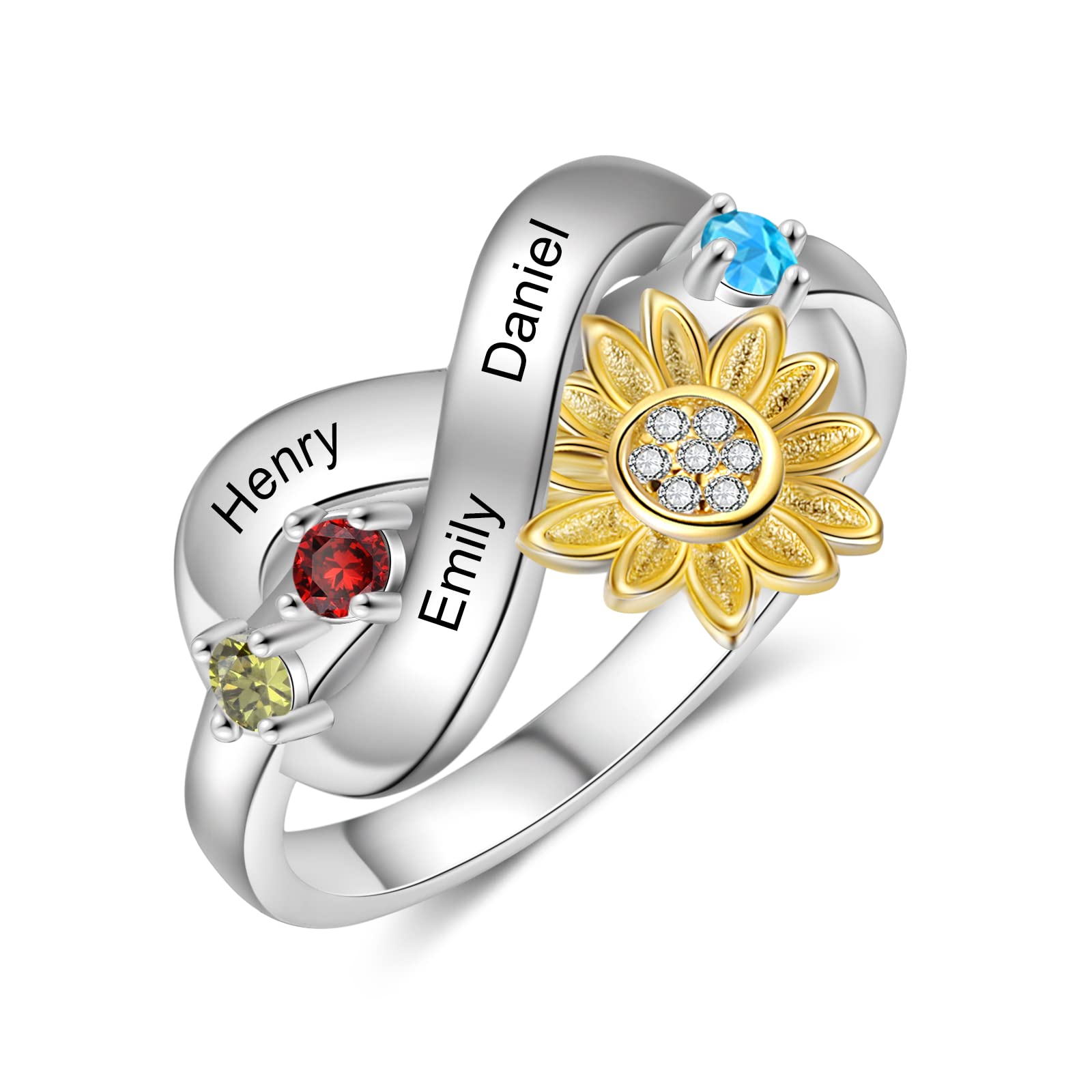 ALBERTBAND Sunflower Birthstone Ring - Personalized 3-Stone Infinity Heart Ring for Women, Custom Engraved Name Jewelry - Perfect Mothers Day Gift for Mom, Grandma, Wife & Daughter - Ideal for Weddings, Anniversaries & Special Occasions