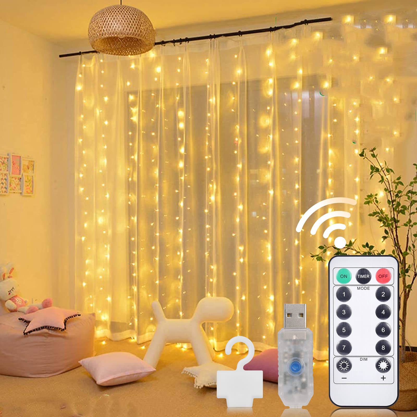 300 LED Fairy Curtain Lights - 9.8x9.8ft Twinkle String Lights with 8 Lighting Modes for Bedroom, Window, Wedding, Birthday & Christmas Decor - Indoor/Outdoor Yellow Lights for Romantic Ambiance & Party Atmosphere