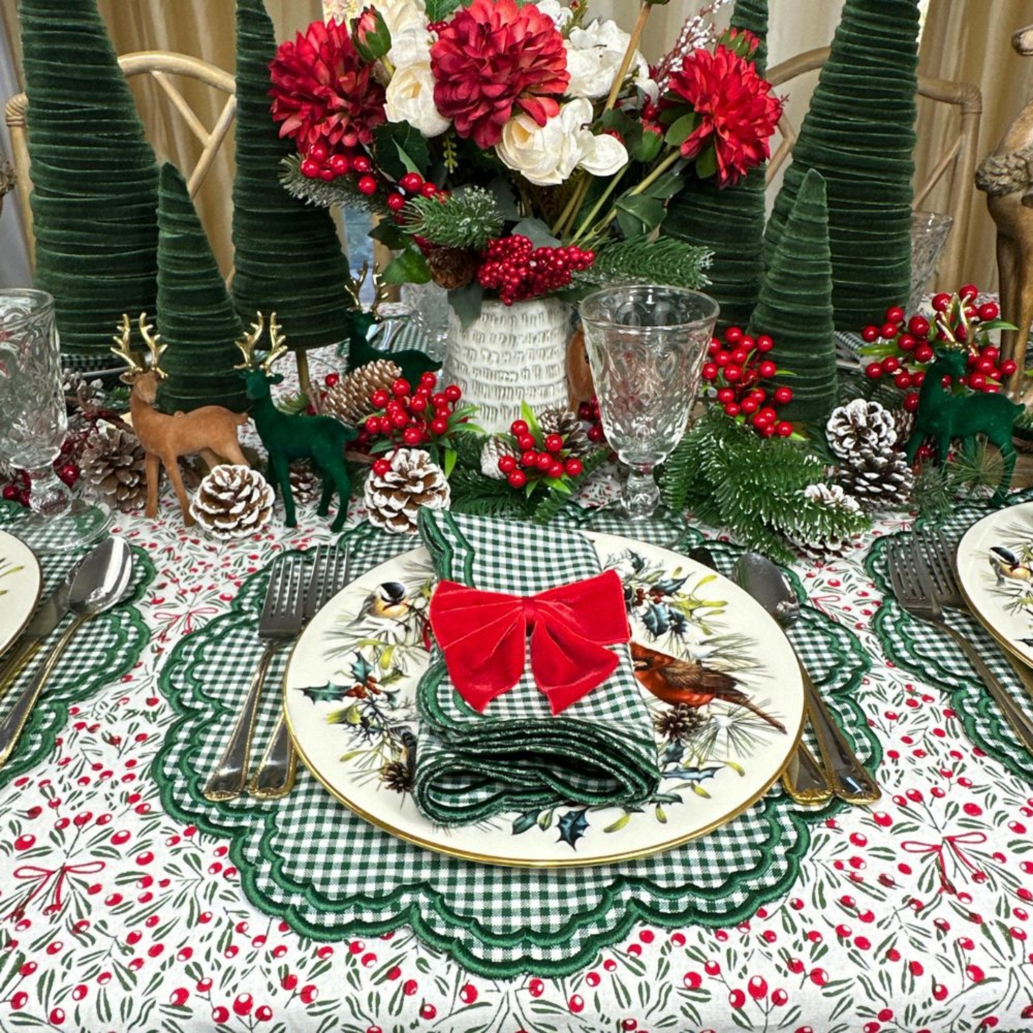 Bettina Dark Green Gingham Placemat Set of 4 - Waterproof & Heat Resistant Dining Table Mats for Kitchen, Restaurant, and Outdoor Picnic Use