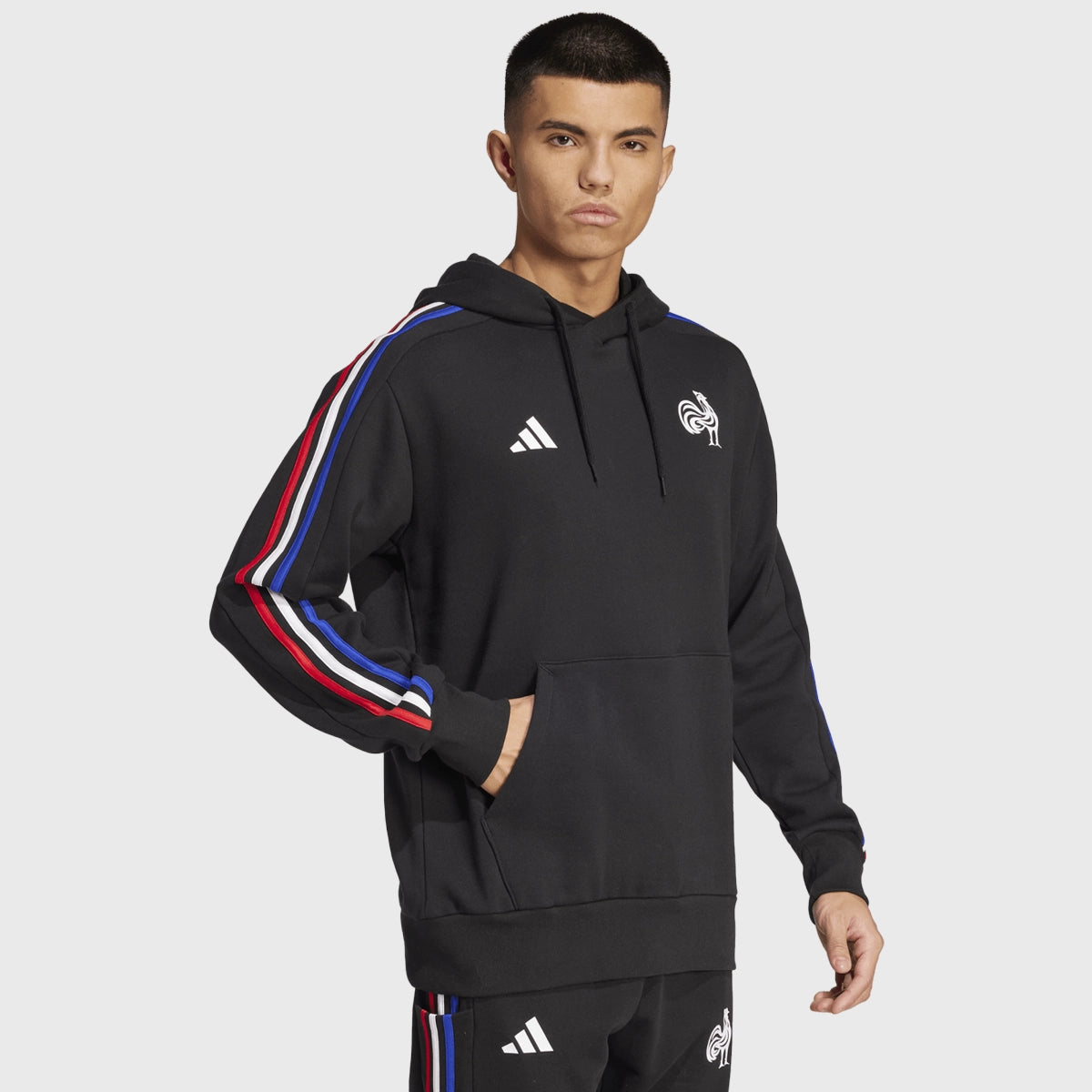 Adidas France Rugby 3 Stripe Hoodie - Men's Black Pullover Sweatshirt for Casual Wear & Sports Fans