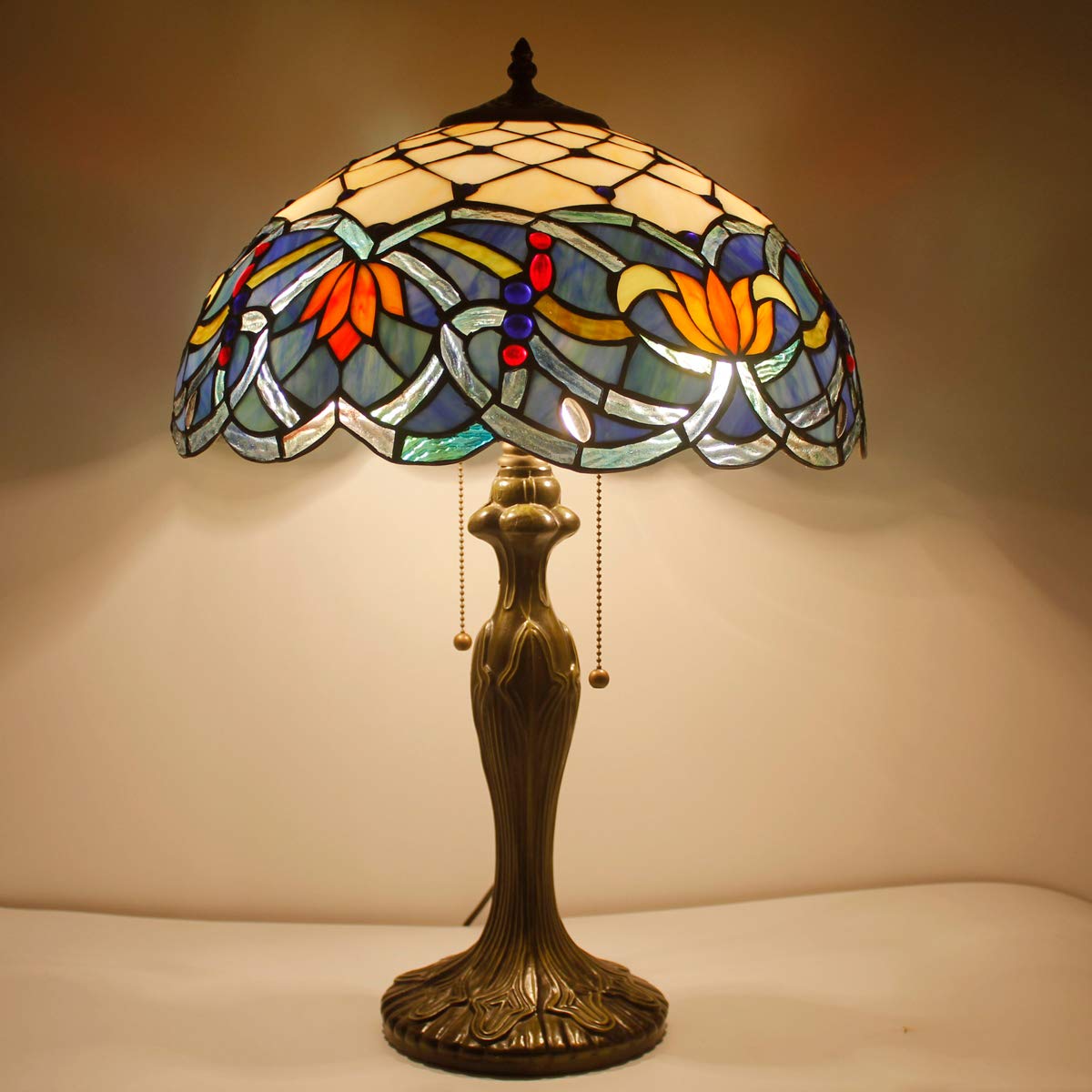 Tiffany Style Stained Glass Table Lamp - Blue Lotus Design, 16x16x24 Inches, Metal Base for Bedroom, Living Room, Home Office (S220 Series) | Perfect for Reading, Nightstand Decor & Cozy Ambiance Lighting