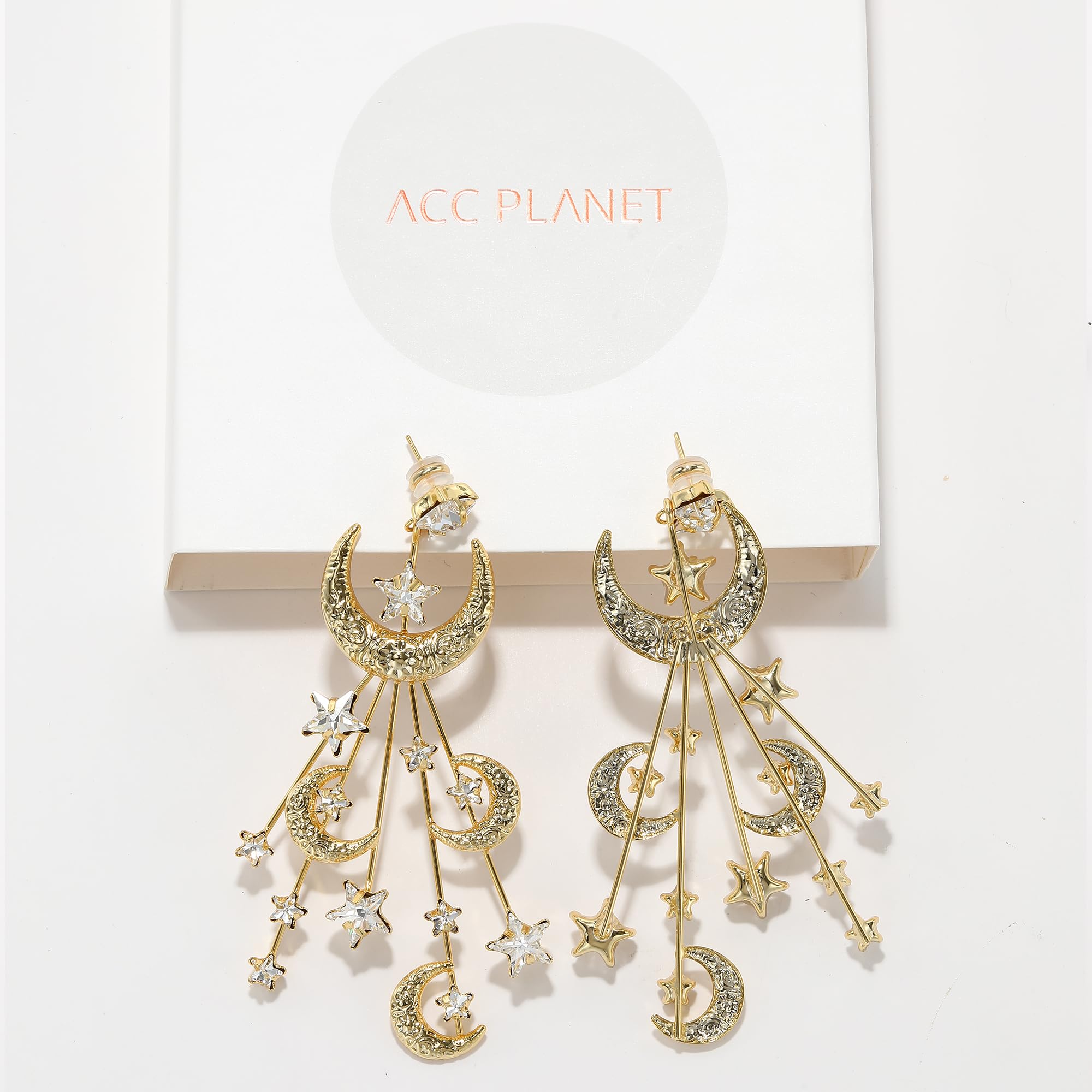 Swarovski Crystal Gold Plated Crescent Moon & Cubic Zirconia Star Drop Earrings for Women - Vintage Statement Dangle Jewelry - Perfect Gift for Birthday, Anniversary & Party Occasions