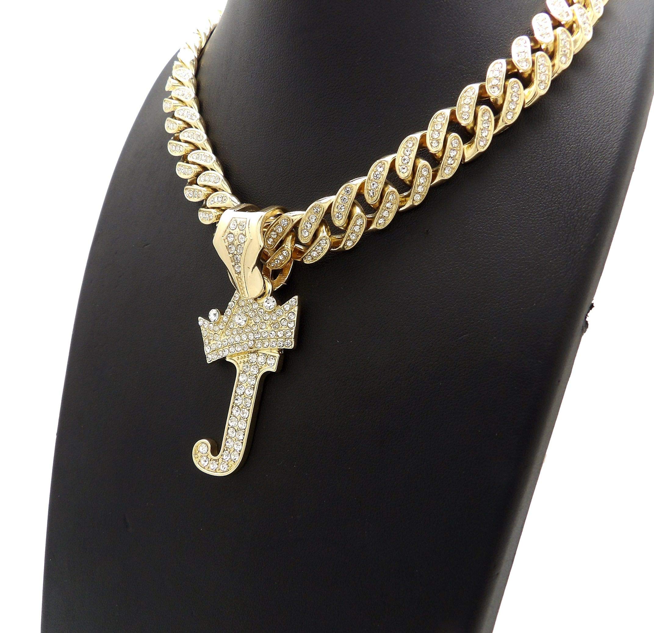 NYFASHION101 Iced Out Miami Cuban Chain Necklace with 12mm Stone Stud Crowned Initial Pendant - Perfect for Hip Hop Jewelry, Men's Bling Accessories & Streetwear Fashion