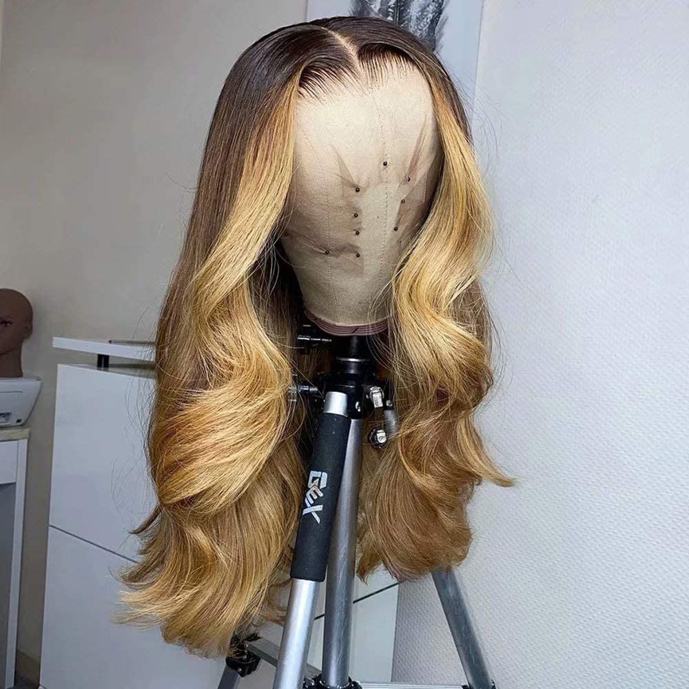 13x6 Lace Front Human Hair Wigs for Women - 14 Inch Body Wave 150 Density Honey Blonde Ombre HD Transparent Pre Plucked Bleached Knots Wig | Natural Hairline & Lightweight Comfort | Perfect for Daily Wear, Cosplay & Special Occasions