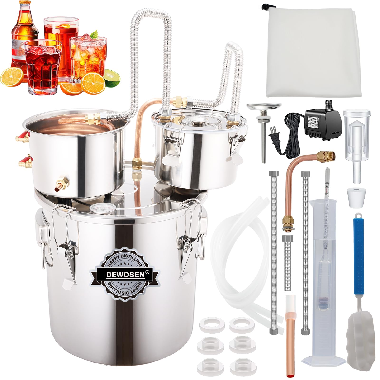 8 Gallon Alcohol Still Kit with 3 Pots, Copper Tube, Thumper Keg & Accessories – Complete Distillery Set for Home Brewing, Moonshine & Whiskey Making – Includes Water Pump, Thermometer, Airlock, Brew Bag & Alcoholmeter