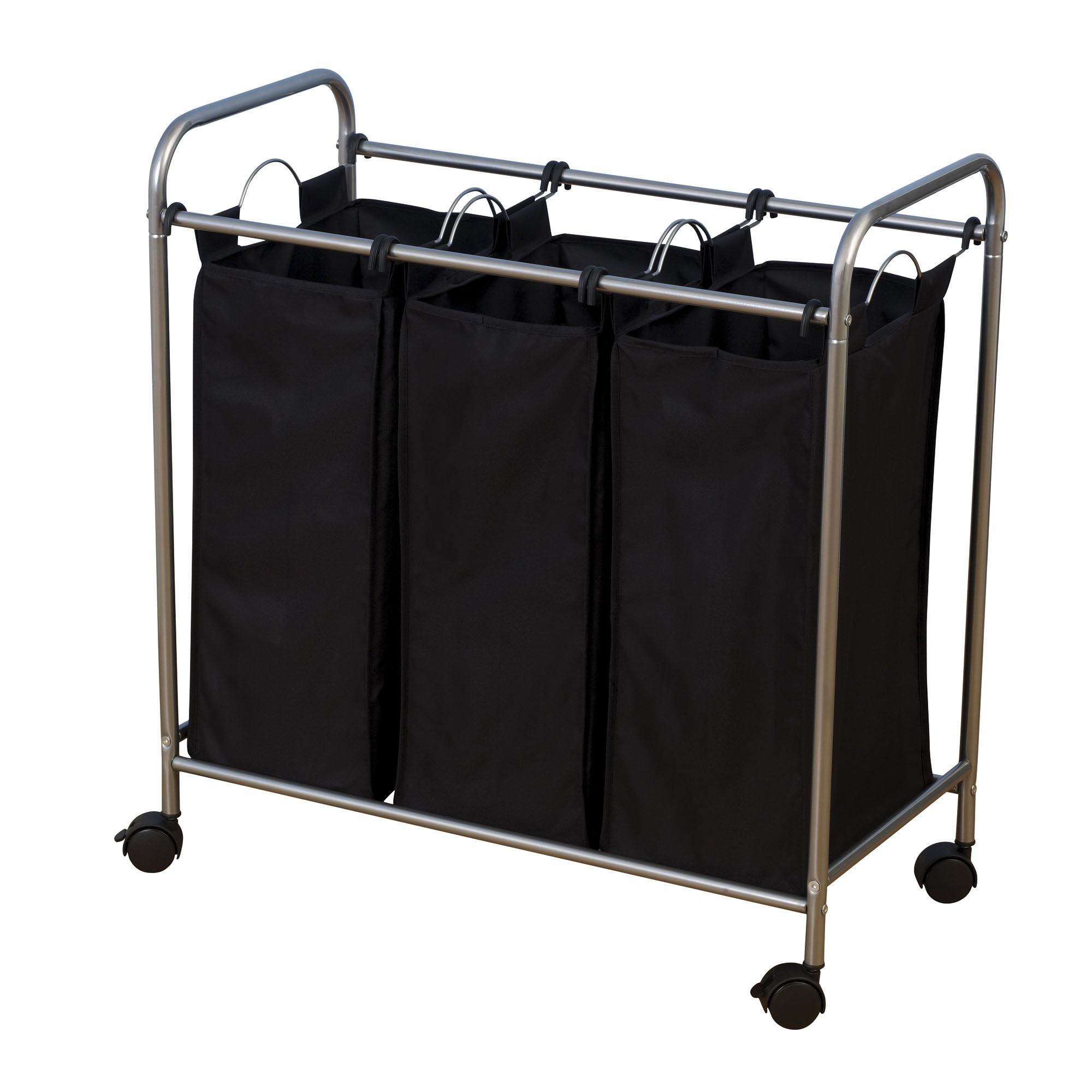 7044 Triple Laundry Sorter with Wheels - Black & Grey Hamper for Bedroom, Laundry Room & Dorm Organization | Foldable Clothes Basket for Easy Sorting & Storage