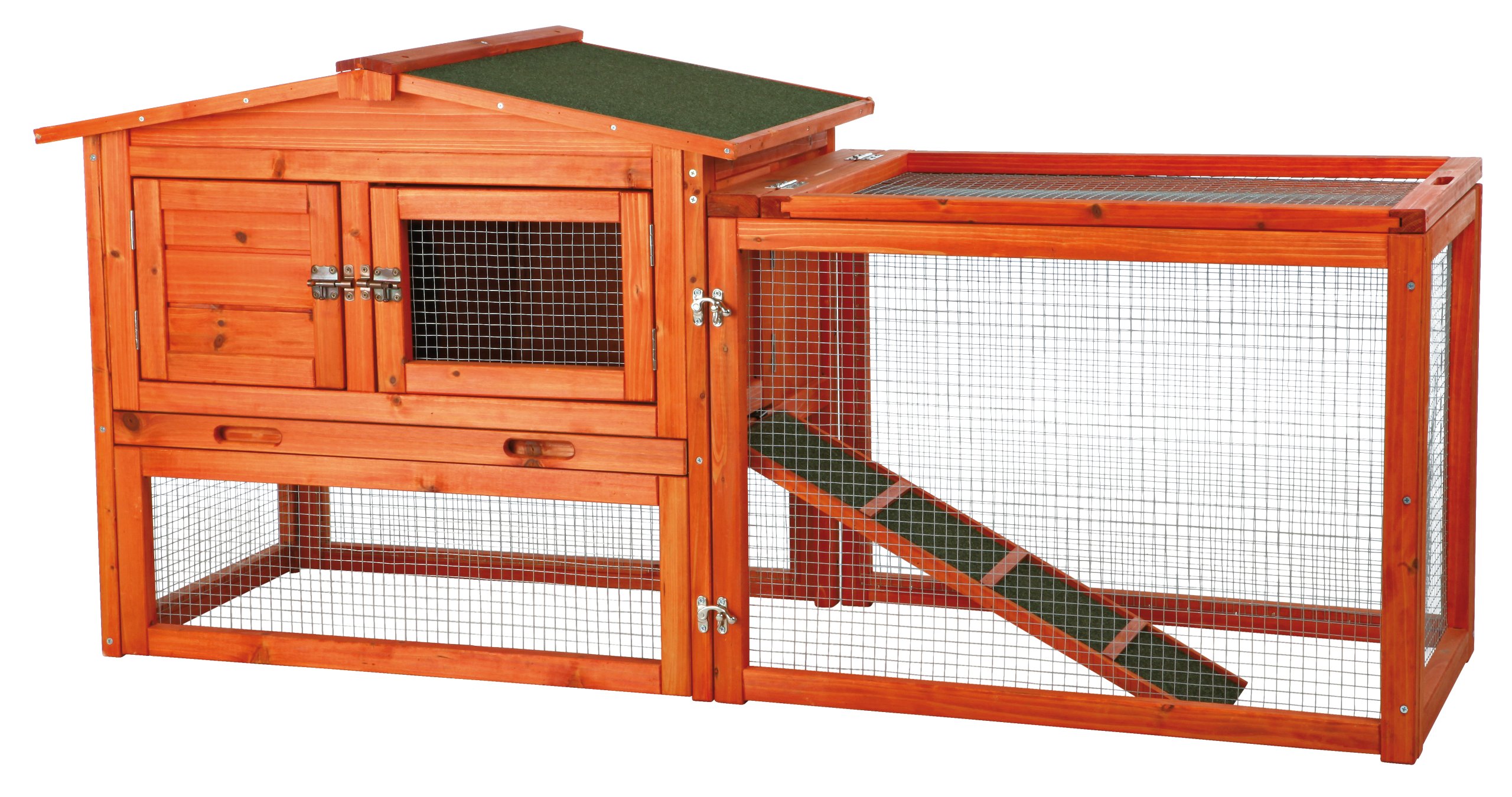 TRIXIE 2-Story Rabbit Hutch with Outdoor Run - Elevated Bunny House for Small Animals with Ramp & Hinged Roof - Weatherproof Shelter for Rabbits and Guinea Pigs - Perfect for Backyard, Garden, or Patio Use (Brown)
