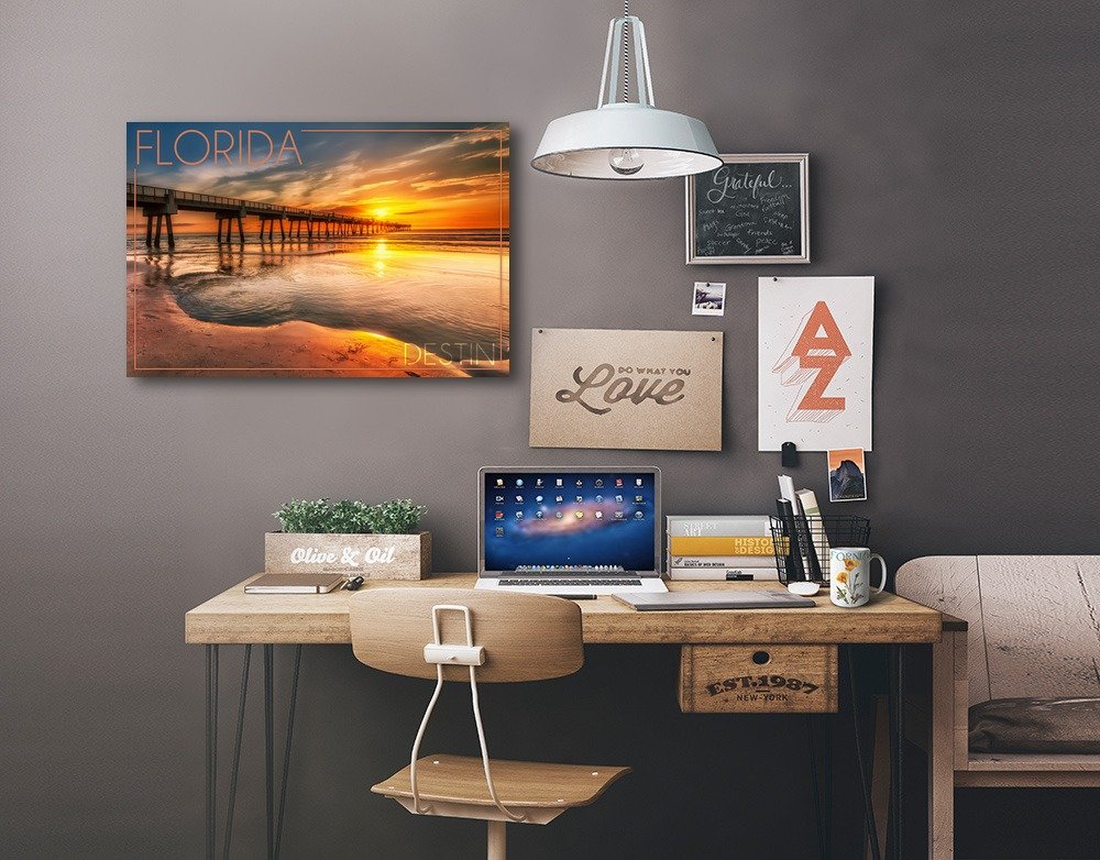 Lantern Press Destin Florida Pier and Sunset Wall Art - 16x24 Wrapped Canvas Print - Coastal Home Decor for Living Room, Bedroom & Office
