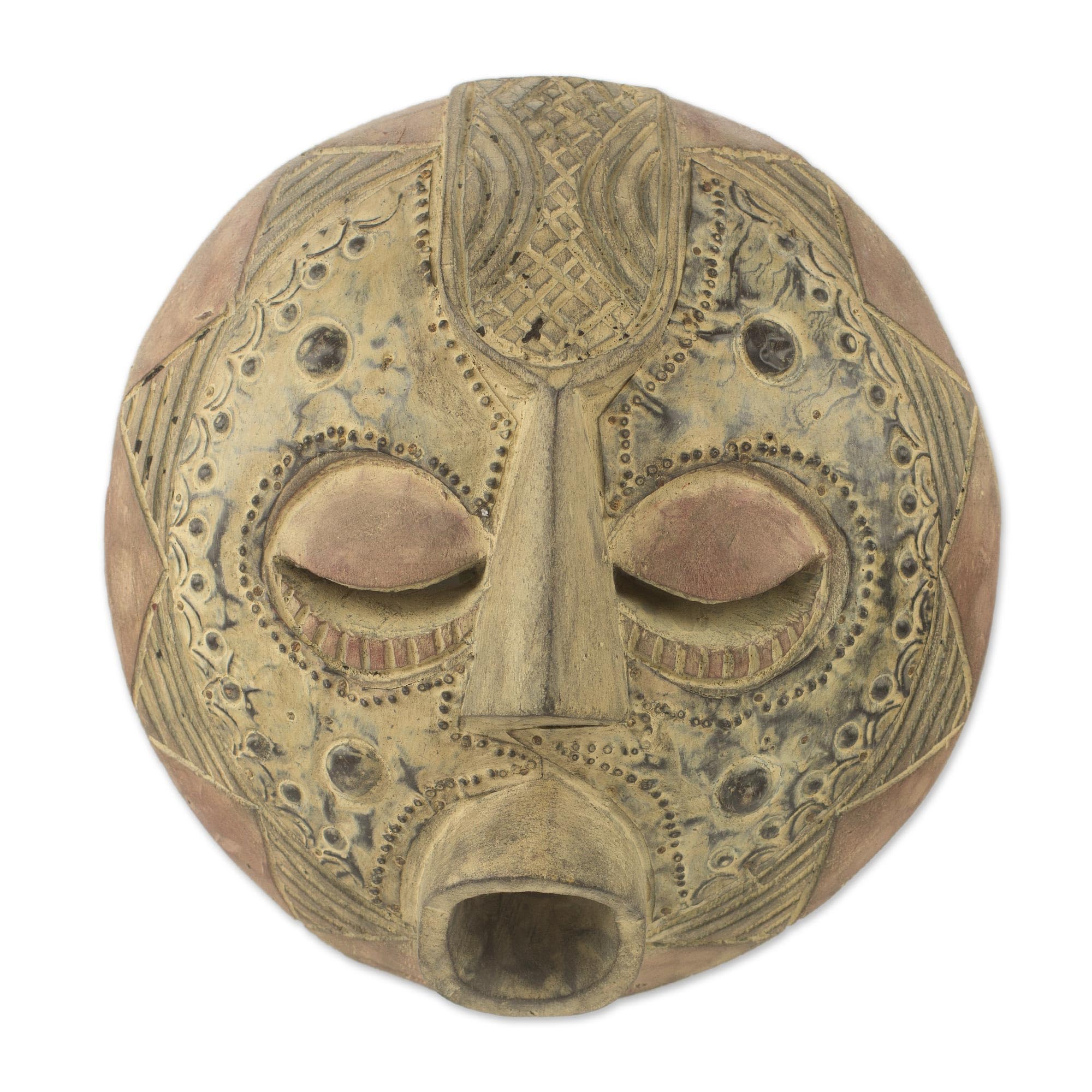 NOVICA Handcrafted Sese Wood & Aluminum Decorative Mask - Beige 'Abundance' African Tribal Wall Art for Home & Office Decor