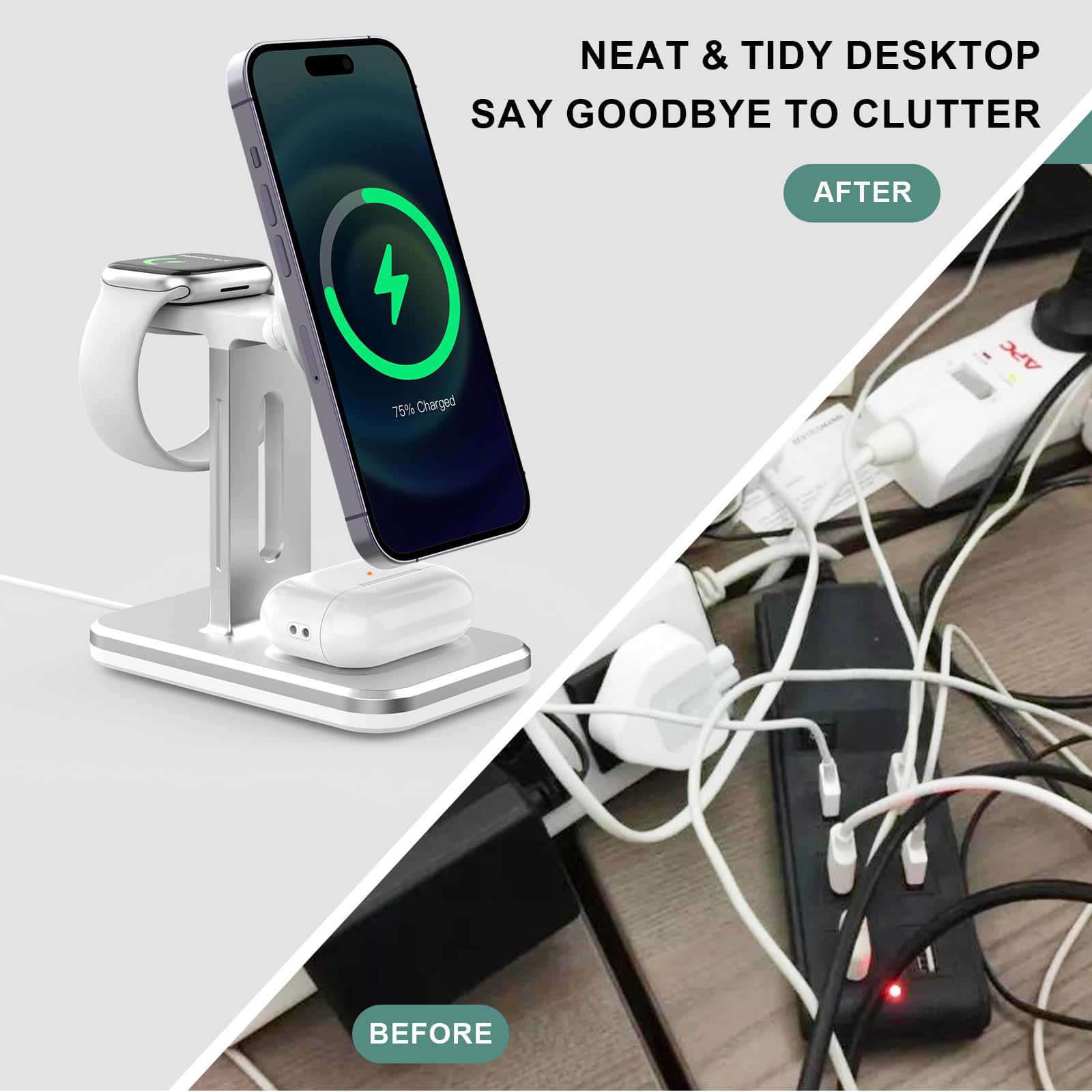 3-in-1 Fast Wireless Charging Station for iPhone 15/14/13/12 Pro/Max/Mini/Plus, Apple Watch Series 8/7/6/SE/5/4/3/2 & AirPods 3/2/Pro - Includes Power Adapter (White) | Perfect for Bedside, Office & Travel Charging