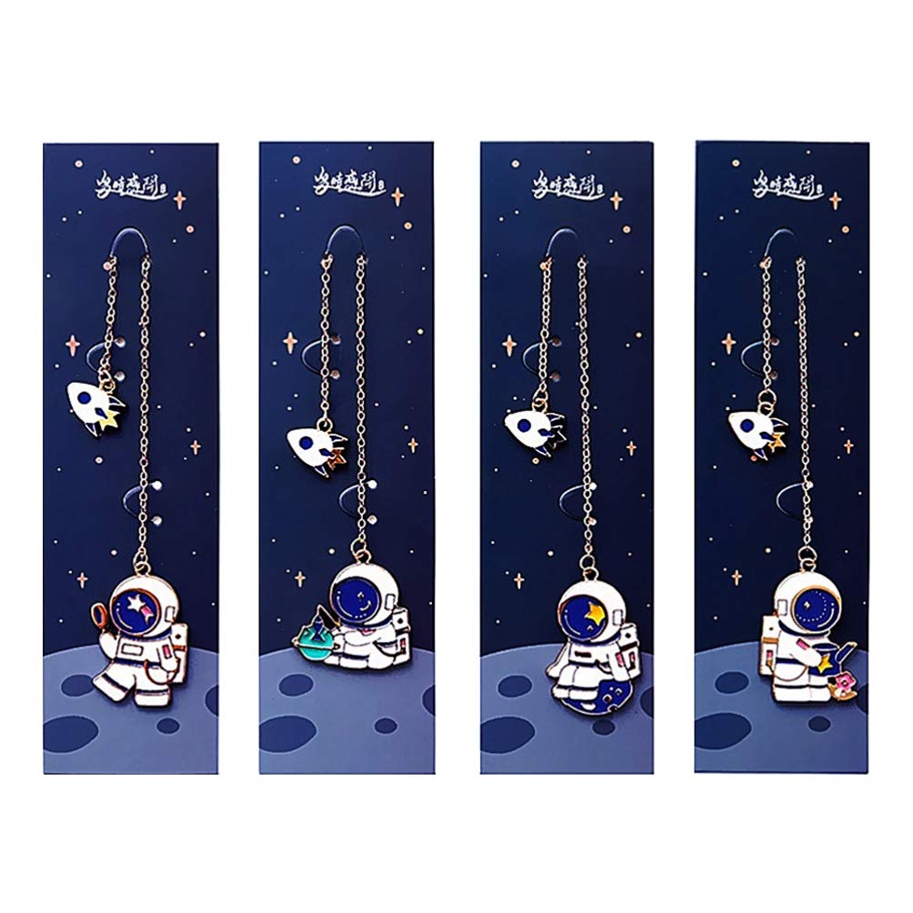 Vintage Space Theme Metal Bookmarks - 4 Pack Astronaut & Moon Pendant Bookmarks for Readers, Book Lovers & Sci-Fi Fans - Perfect Gift for Bookworms, Students & Collectors