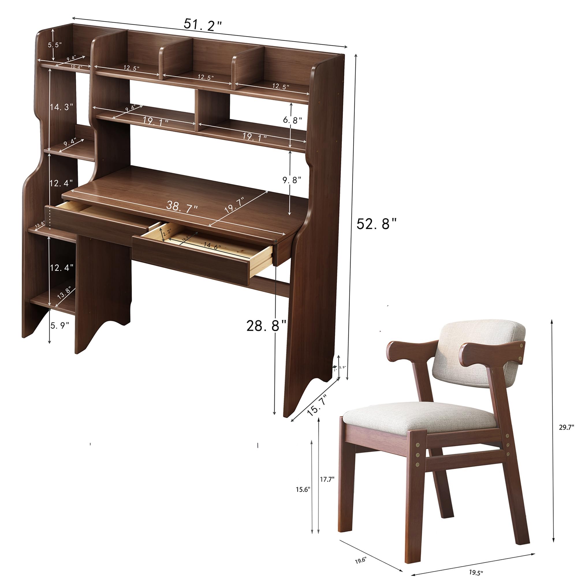 Kids Study Desk and Chair Set with Drawers & Bookshelf - Solid Rubber Wood Children's Learning Table, Computer Workstation, Writing Desk for Home & School (Brown) - Perfect for Homework, Online Classes & Creative Activities