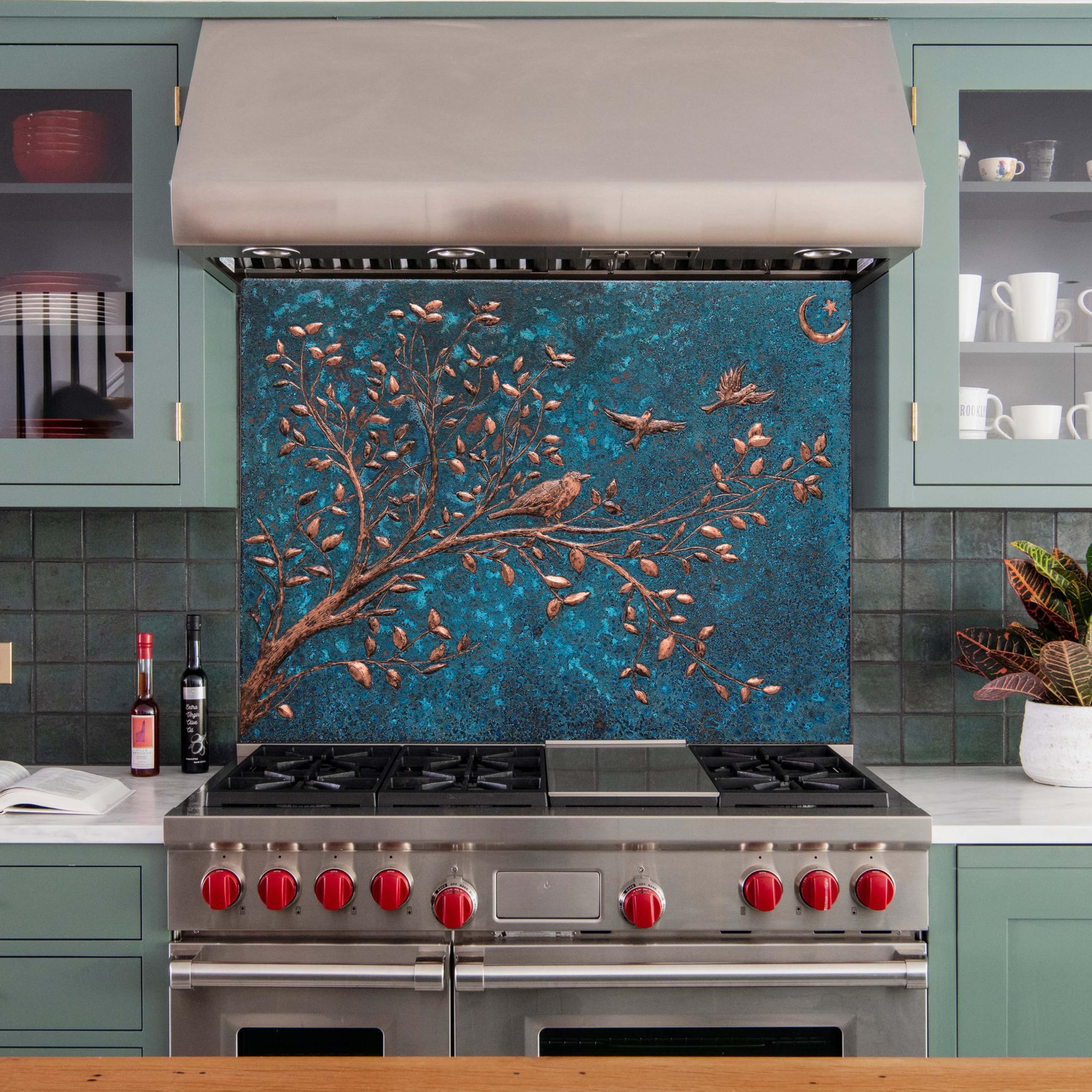 Handmade Customizable Copper Backsplash Panel - Tree Branches & Crescent Star Design for Kitchen Wall Decor, Indoor & Outdoor Use (Blue) | Durable & Stylish Backsplash Tile for Modern & Rustic Kitchens